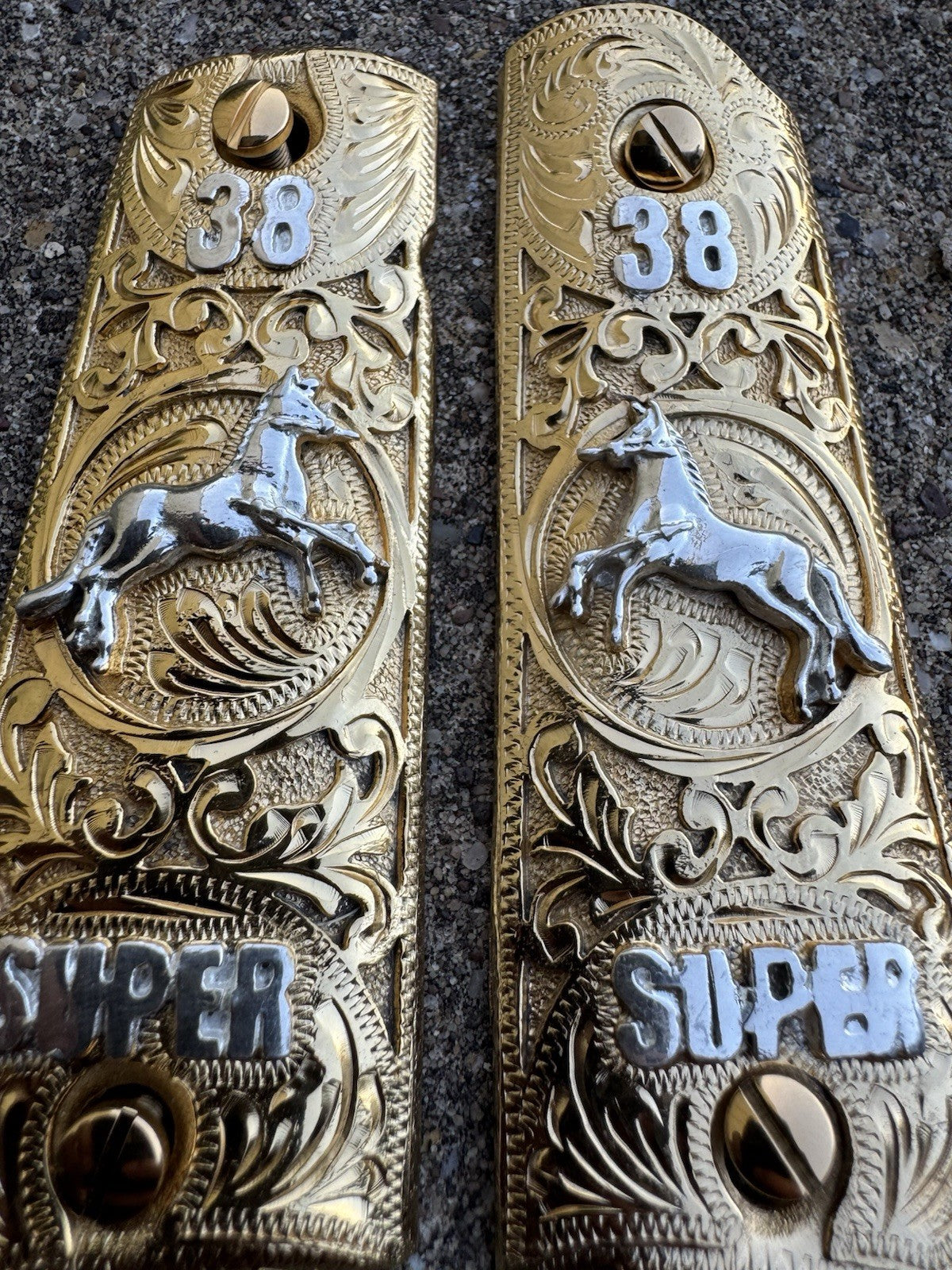 1911 45 38 Super Full Size Horse Gold Gun Pistol Grip Cachas & 24K Screws