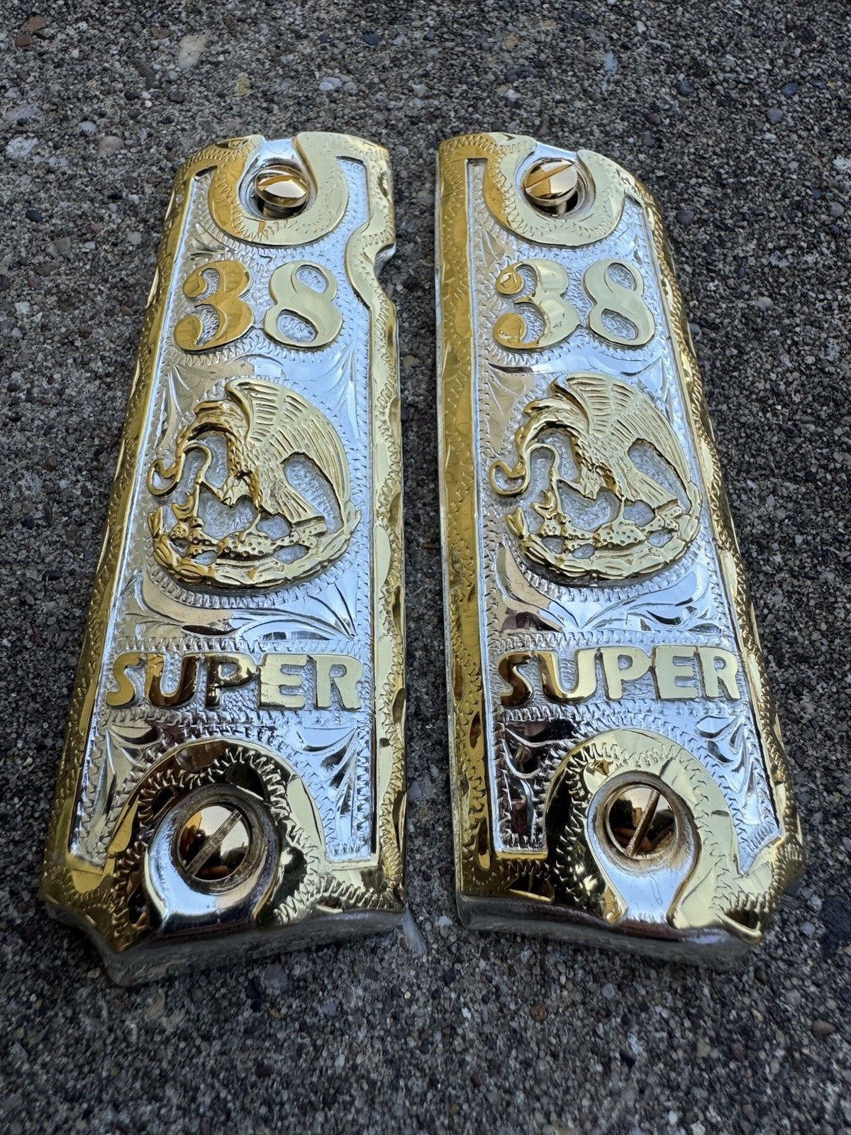 1911 45 38 Super Full Size Aguila Gold Gun Pistol Grip Cachas & 24K Screws