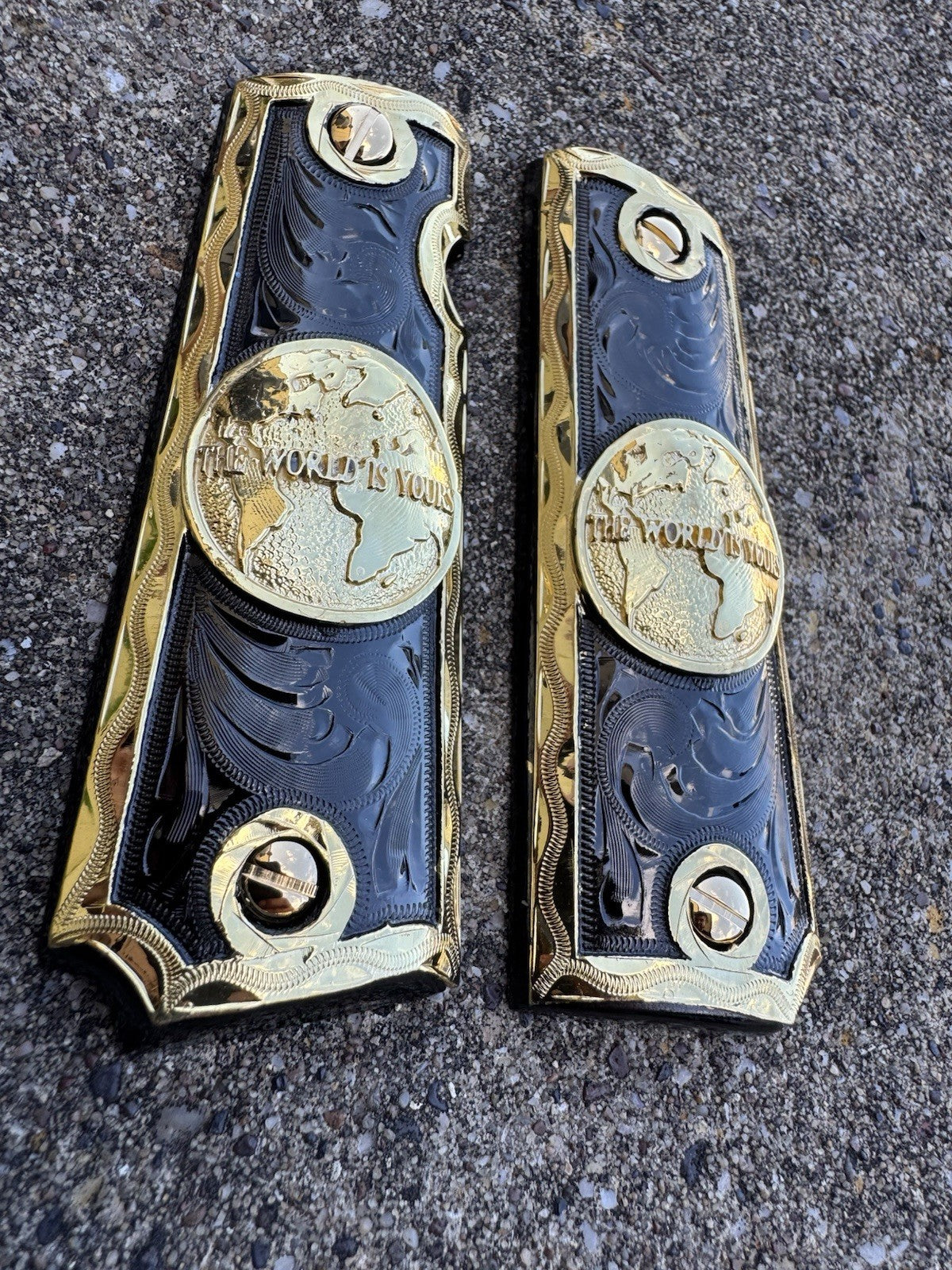 1911 45 38 Super Full Size World Is Yours Gold Gun Pistol Grip Cachas &24K Screw