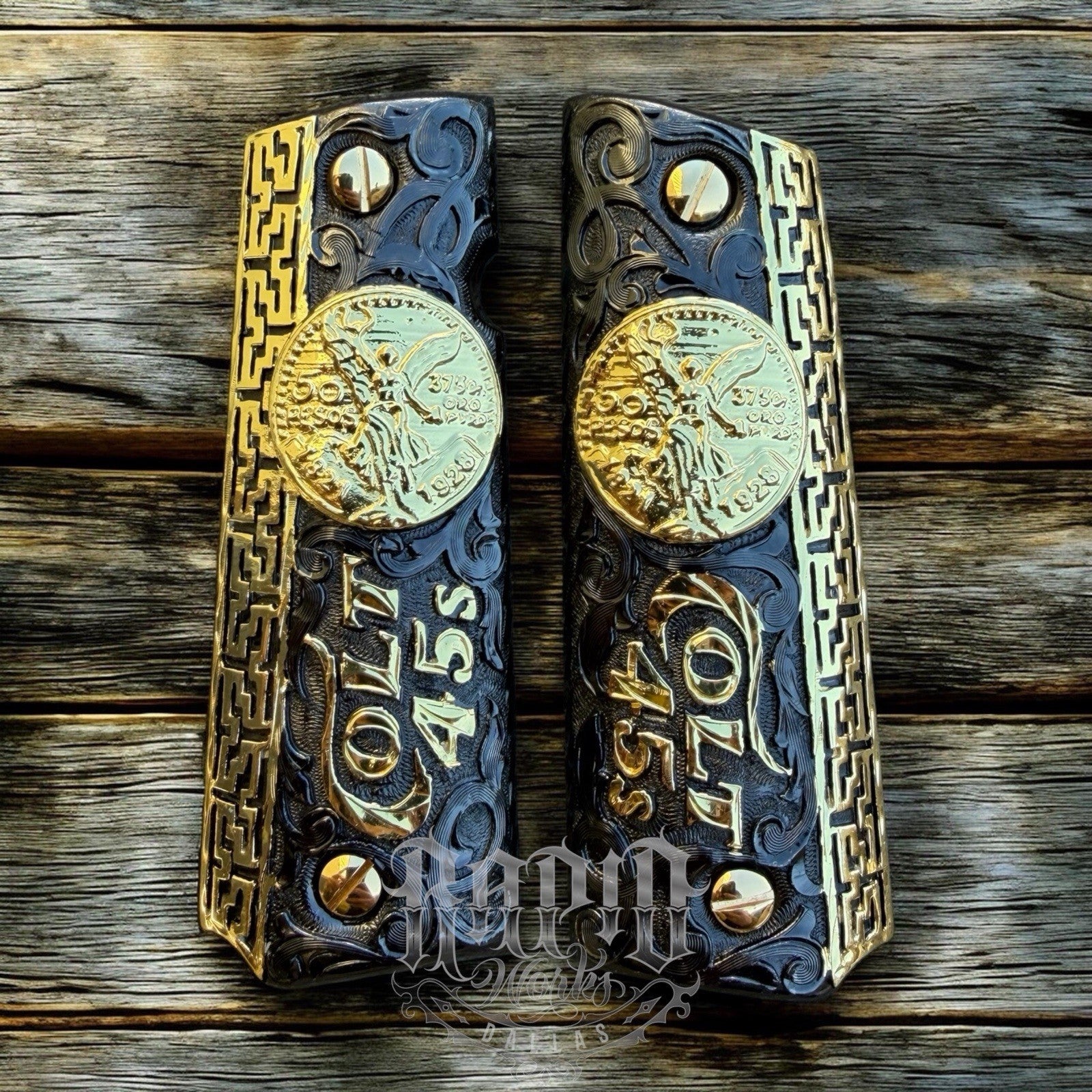 1911 45 38 Super Full Size Mexican Flag Gold Gun Pistol Grip Cachas & 24K Screws