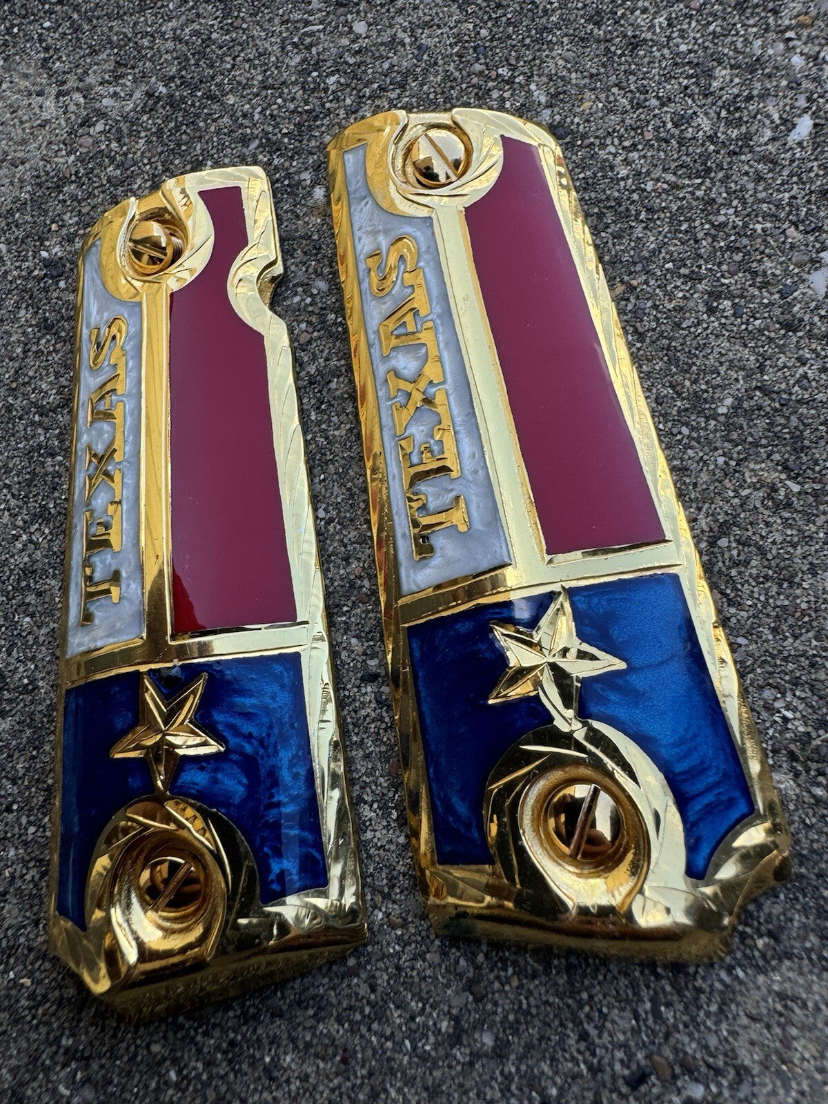 1911 45 38 Super Texas Flag Gun Pistol Grip Cachas Chapeado De Oro & 24K Screws