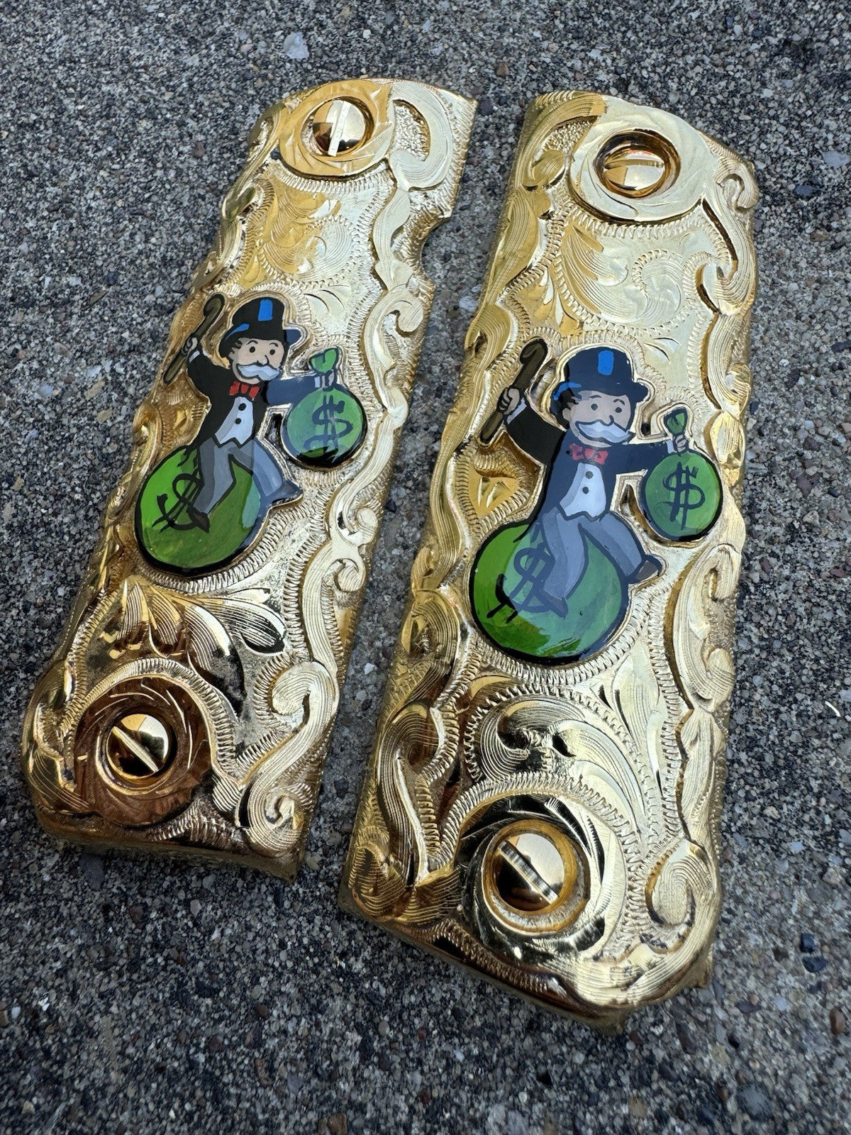 1911 45 38 Super Monopoly Full Size Gold Gun Pistol Grip Cachas & 24K Screws