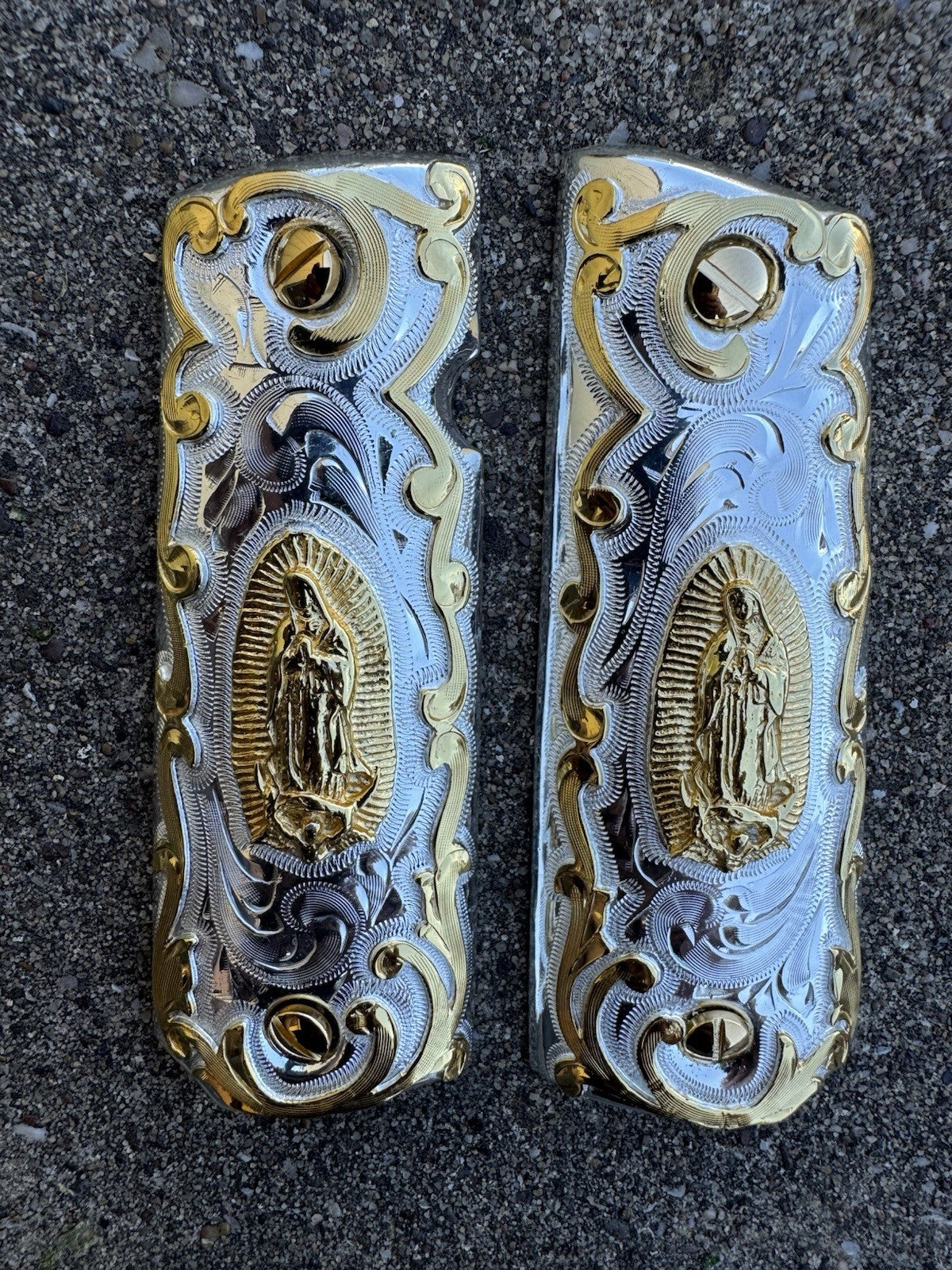 1911 45 38 Super Full Size Virgen De Guadalupe Gold Pistol Grip Cachas & Screws