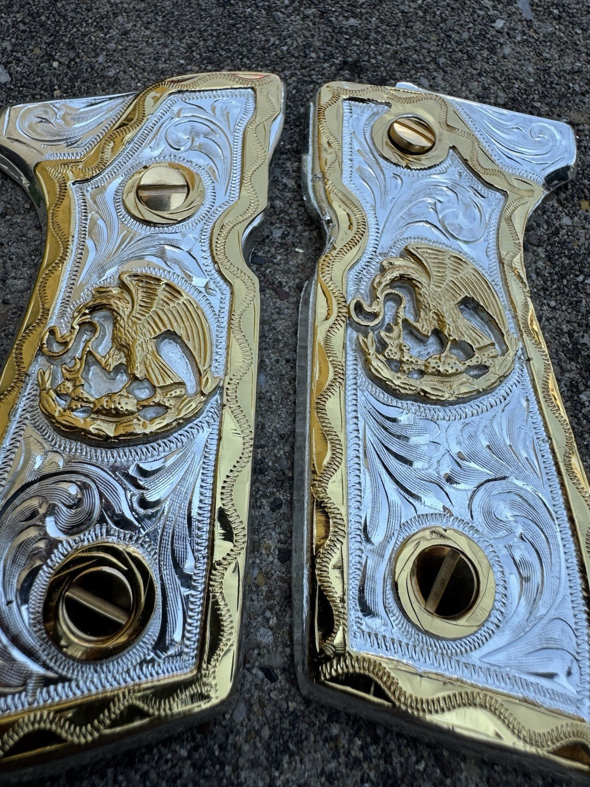 Beretta 92FS Cachas Mexican Eagle Gold Plated Pistol Custom Grips & Gold Screws