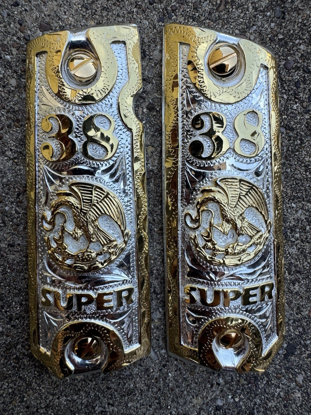1911 45 38 Super Full Size Aguila Gold Gun Pistol Grip Cachas & 24K Screws