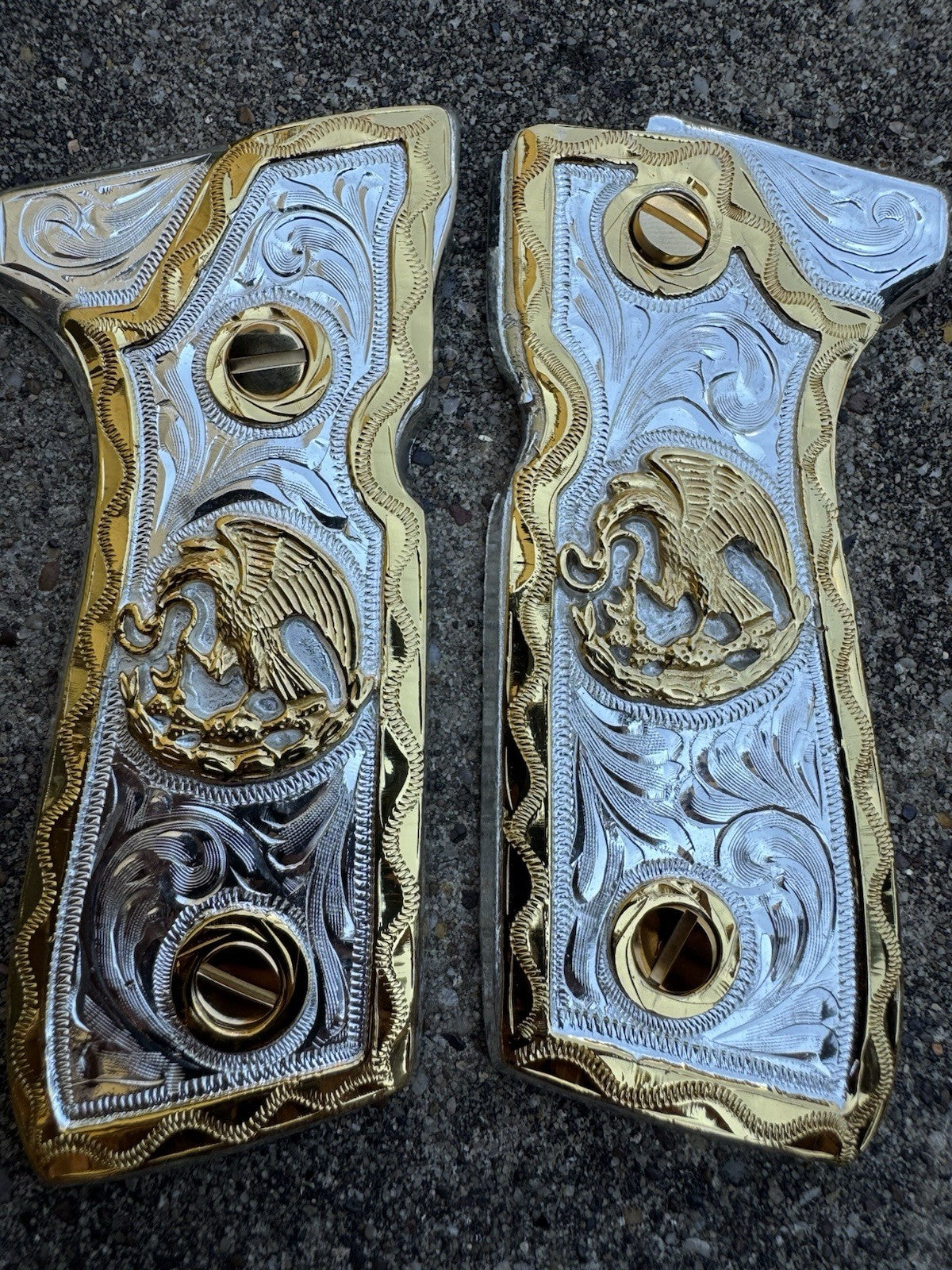 Beretta 92FS Cachas Mexican Eagle Gold Plated Pistol Custom Grips & Gold Screws