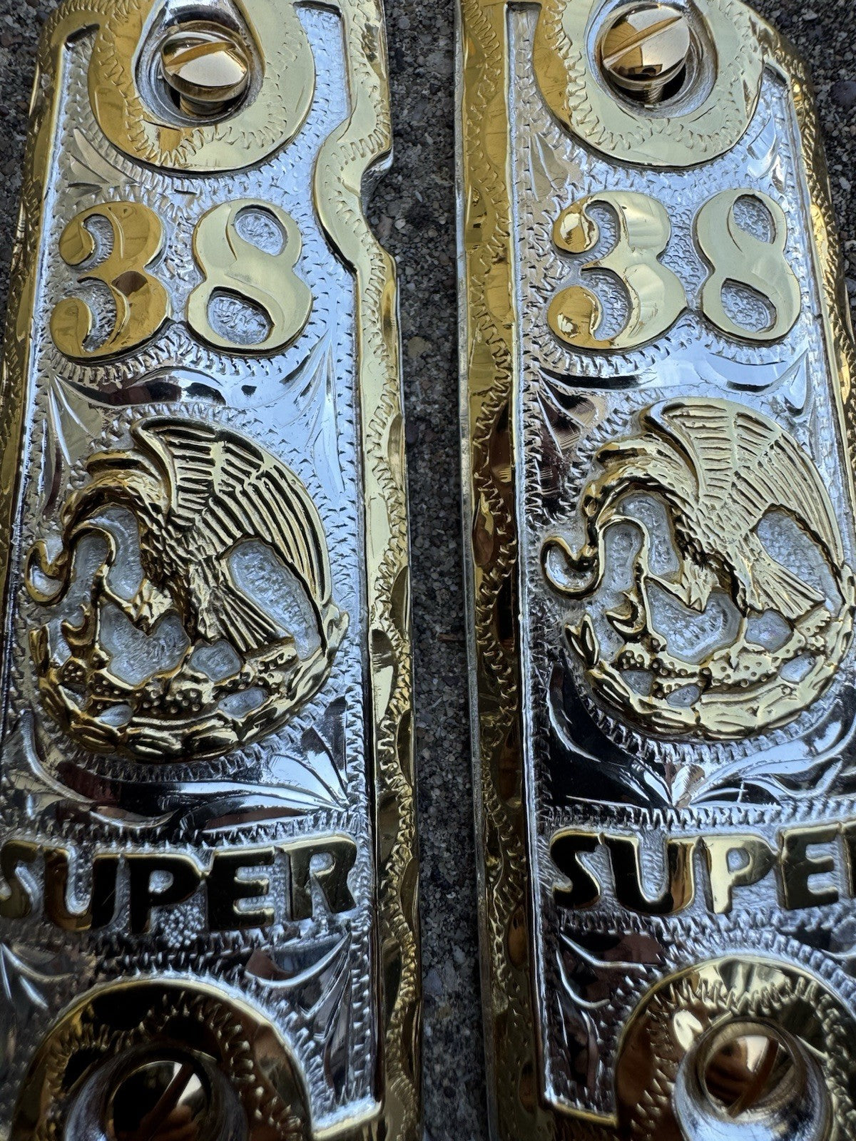1911 45 38 Super Full Size Aguila Gold Gun Pistol Grip Cachas & 24K Screws
