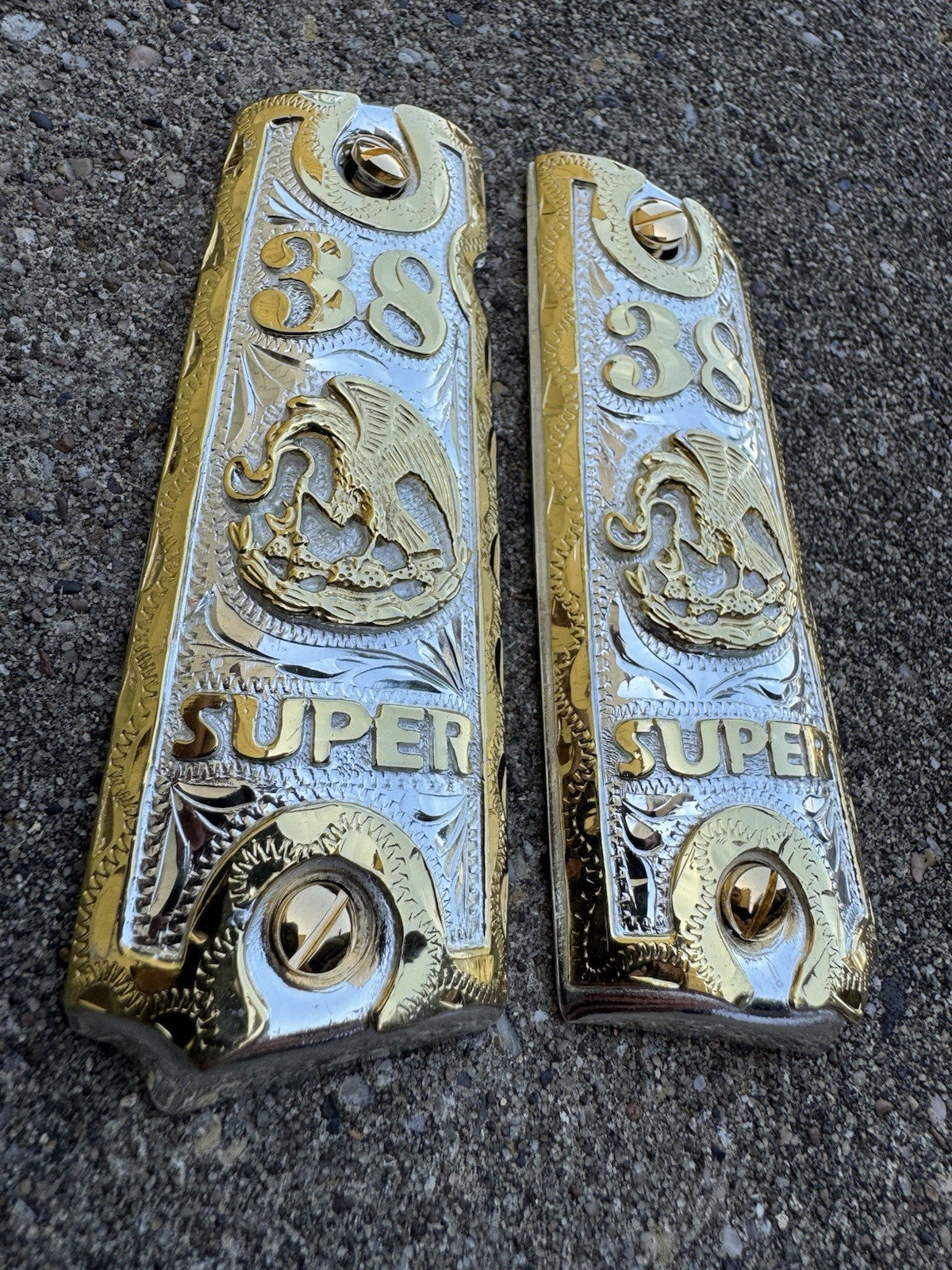1911 45 38 Super Full Size Aguila Gold Gun Pistol Grip Cachas & 24K Screws