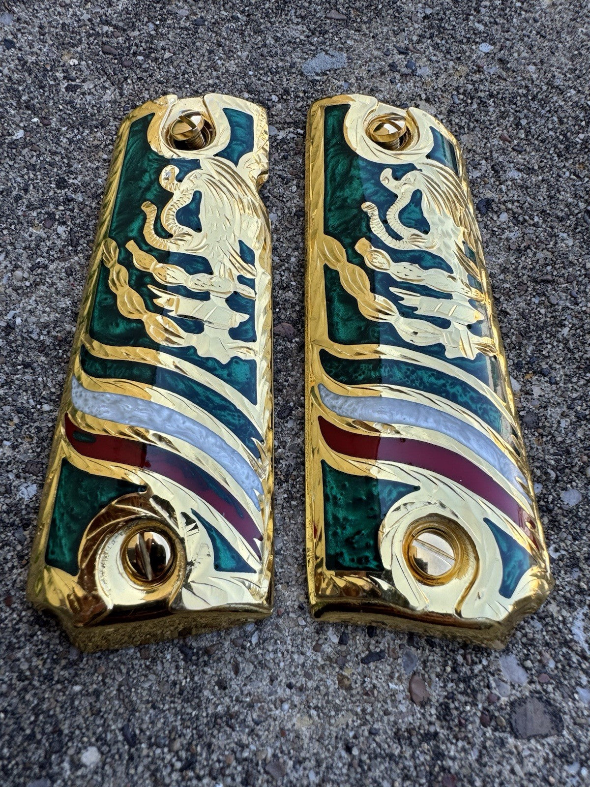 1911 45 38 Super Mexican Eagle Full Size Gold Gun Pistol Grip Cachas & 24K Screw