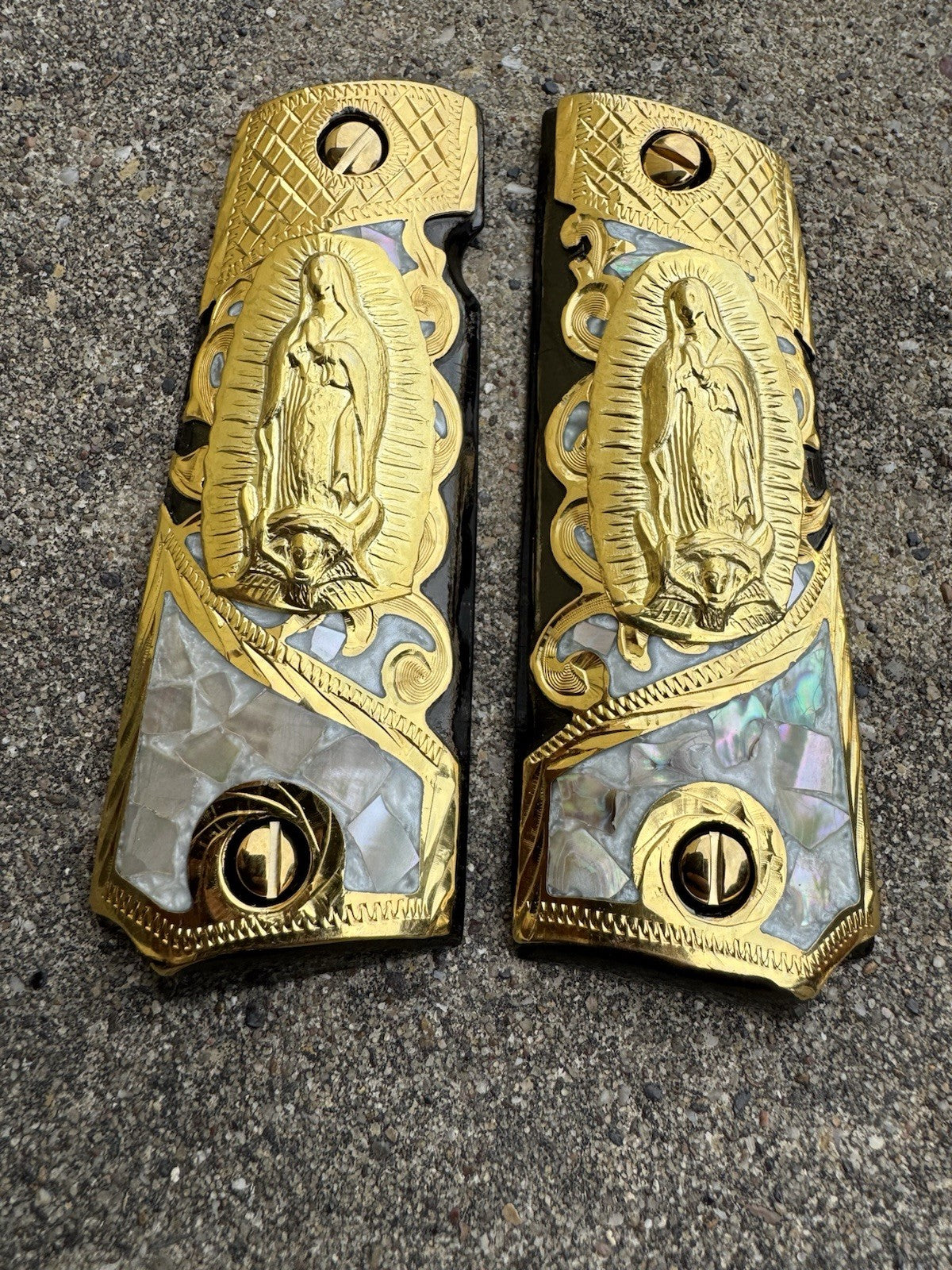 1911 45 38 Super Full Size Virgen De Guadalupe Gold Gun Grip Cachas & 24K Screws