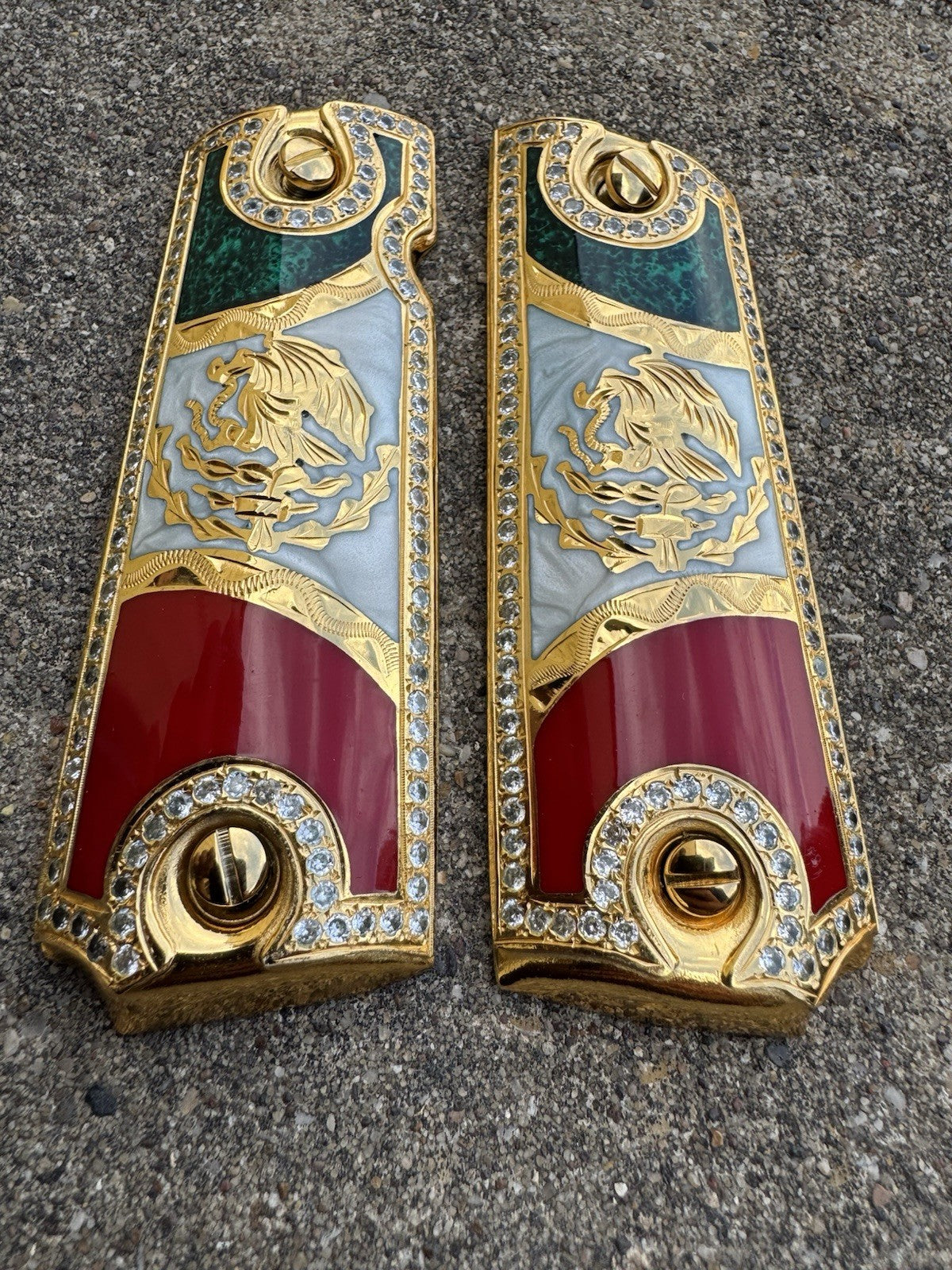 1911 ZIRCONIA 45 38 SUPER MEXICAN FLAG GOLD GUN PISTOL GRIP CACHAS & 24K SCREW