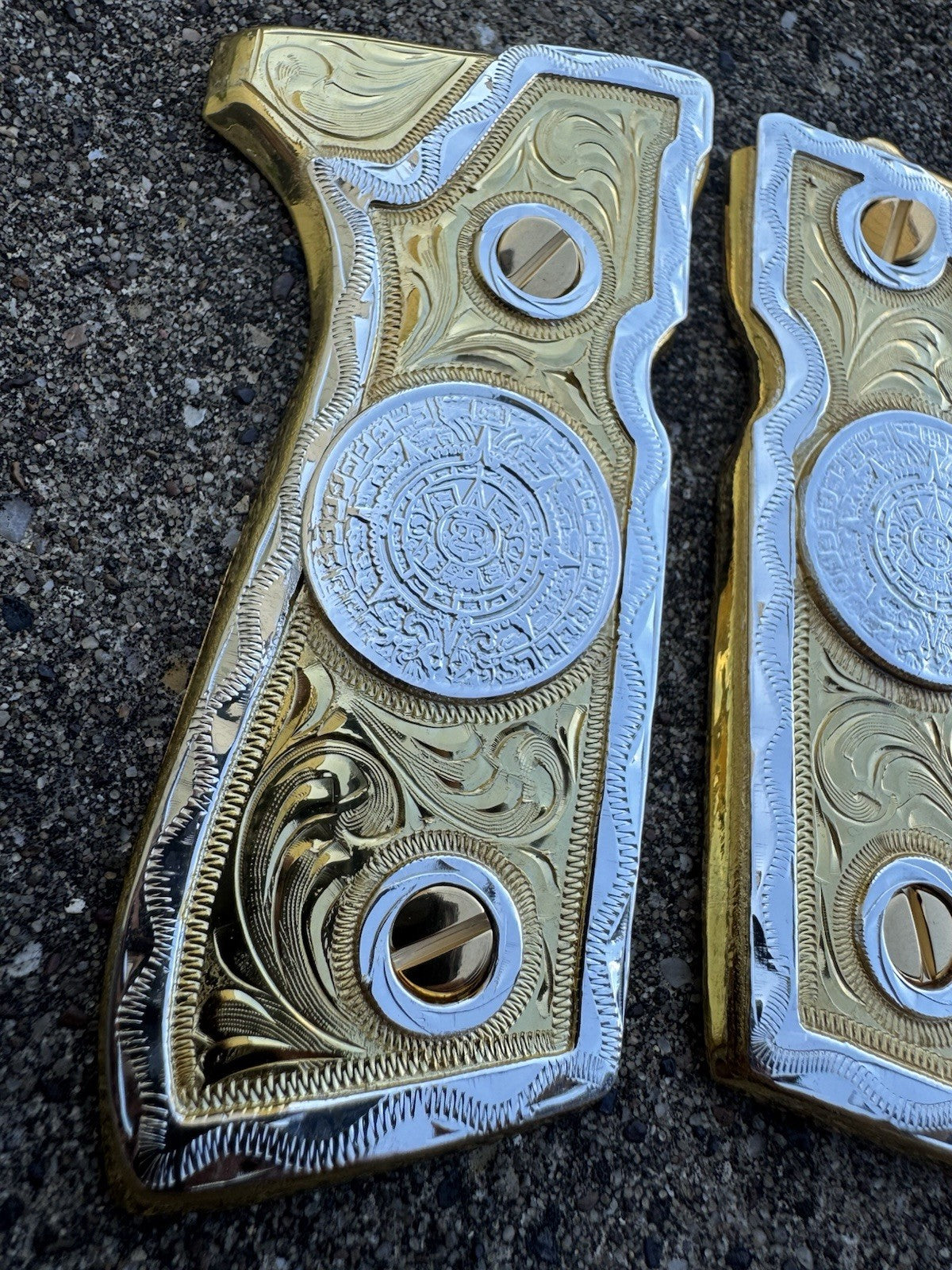 Beretta 92FS Cachas Azteca Gold Plated Pistol Custom Grips & Gold Screws