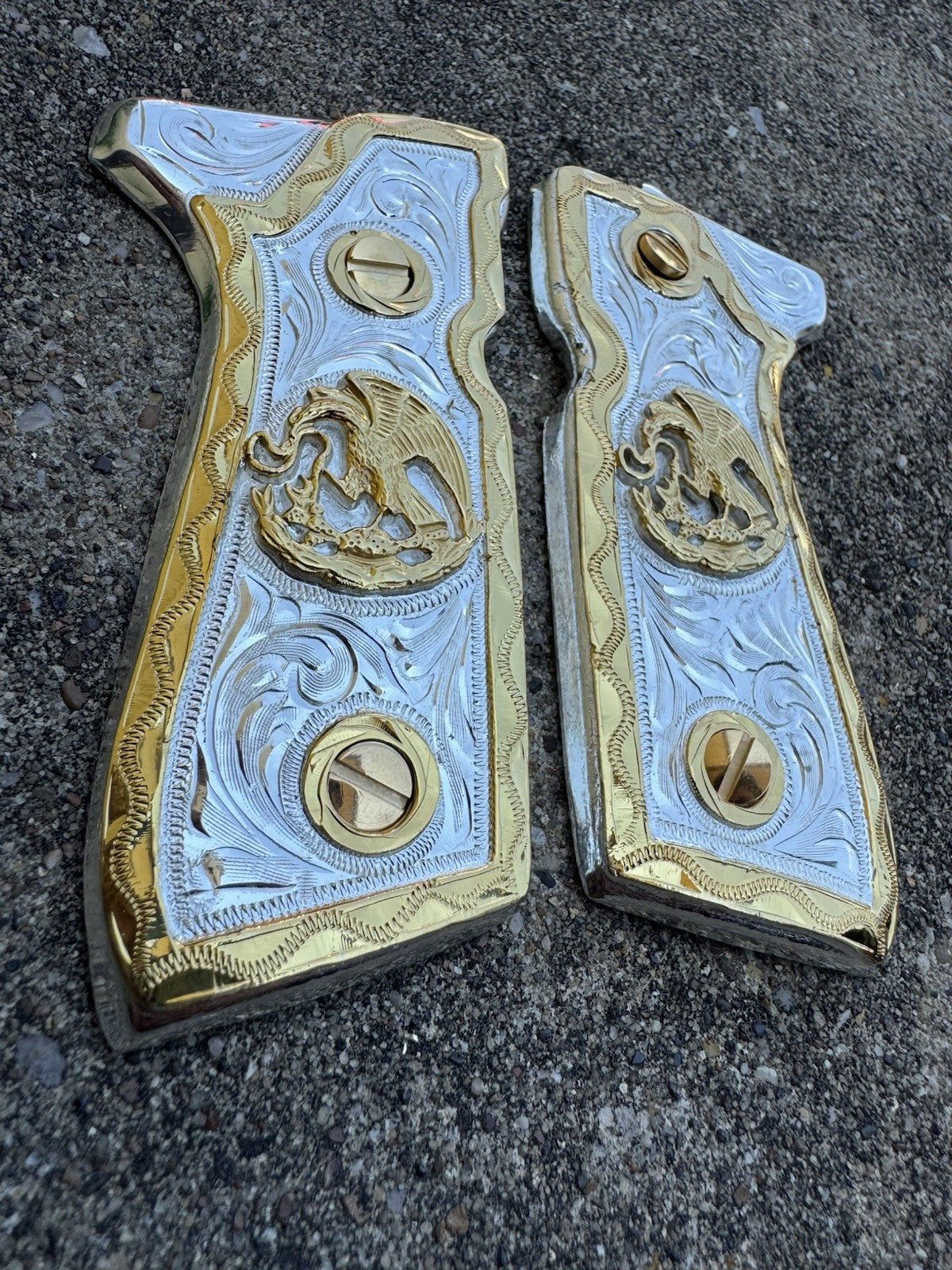 Beretta 92FS Cachas Mexican Eagle Gold Plated Pistol Custom Grips & Gold Screws