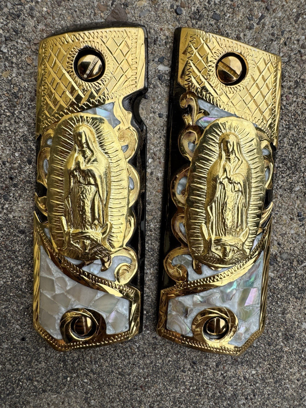 1911 45 38 Super Full Size Virgen De Guadalupe Gold Gun Grip Cachas & 24K Screws