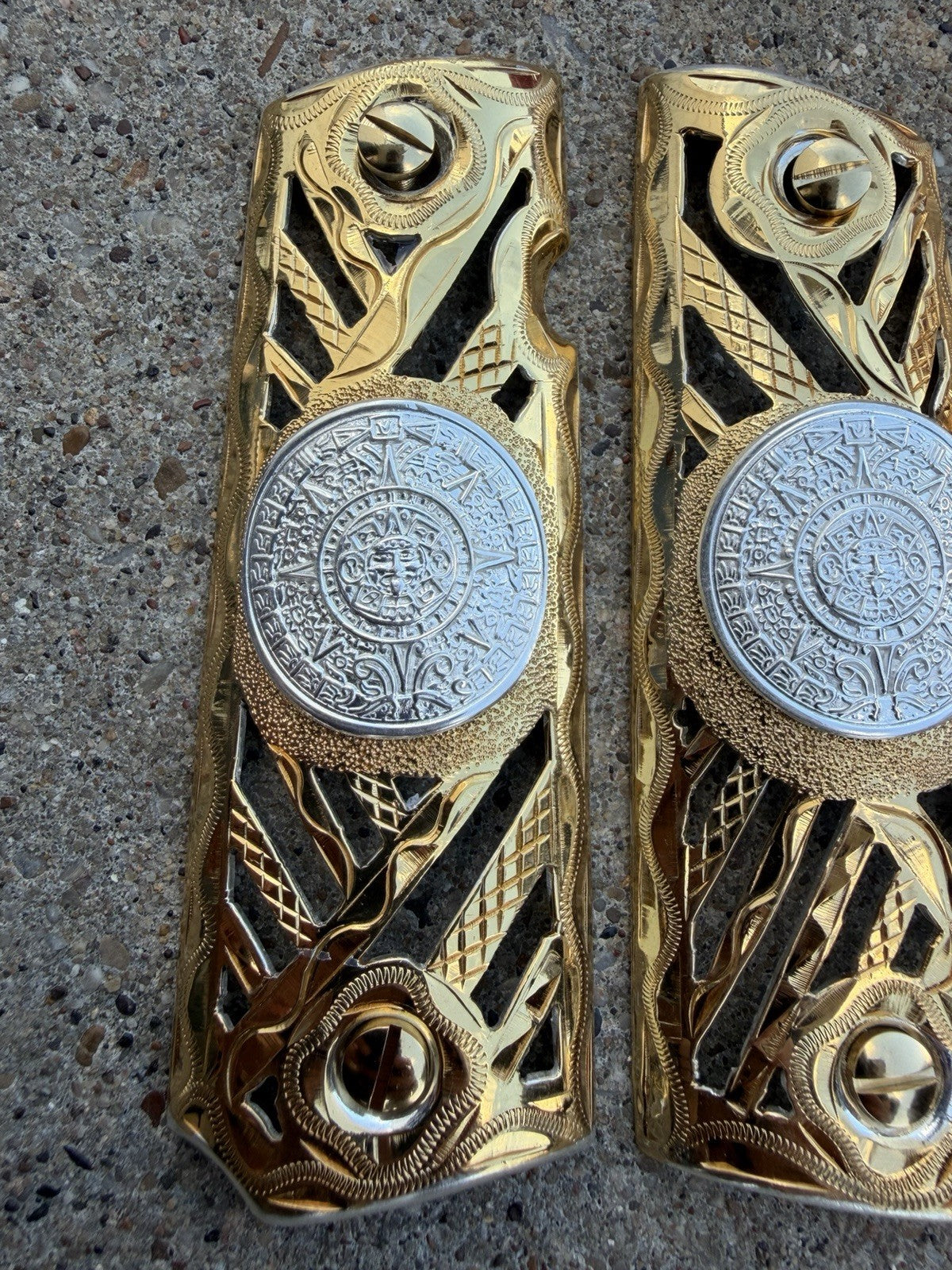 1911 45 38 Super Full Size Aztec Gold Gun Pistol Grip Cachas & 24K Screws