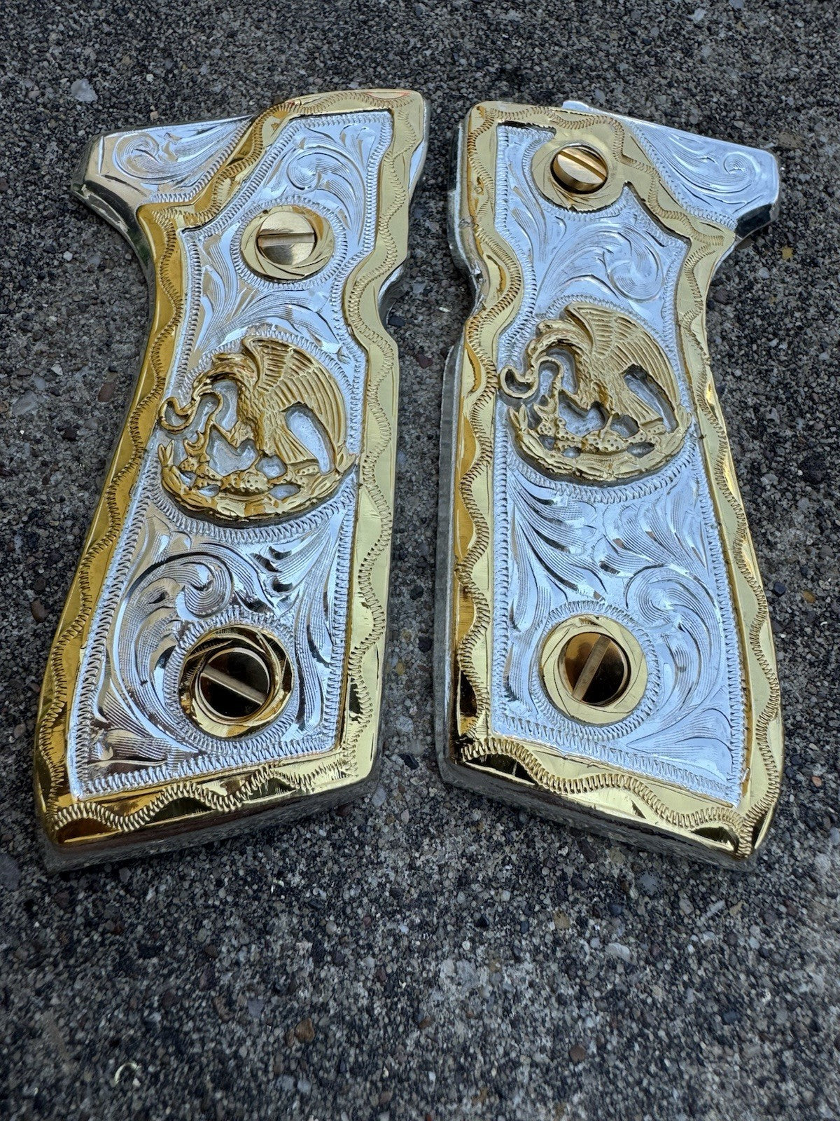 Beretta 92FS Cachas Mexican Eagle Gold Plated Pistol Custom Grips & Gold Screws