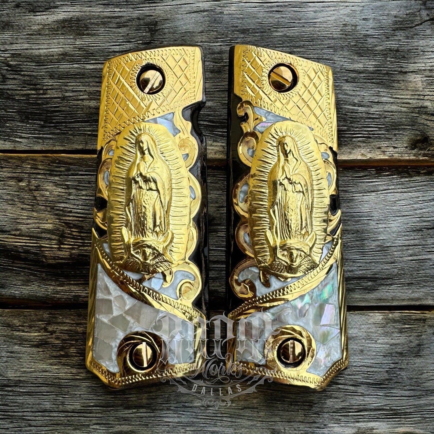 1911 45 38 Super Full Size Virgen De Guadalupe Gold Gun Grip Cachas & 24K Screws