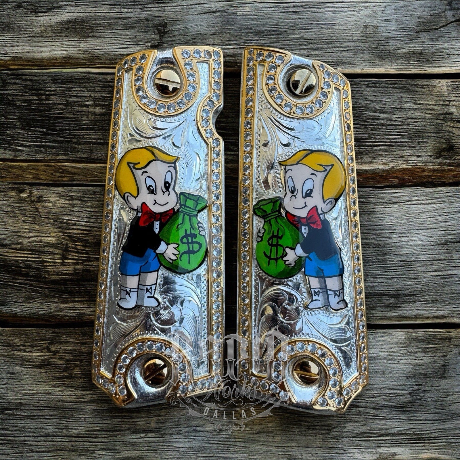 1911 ZIRCONIA 45 38 SUPER RICHIE RICH GOLD GUN PISTOL GRIP CACHAS
