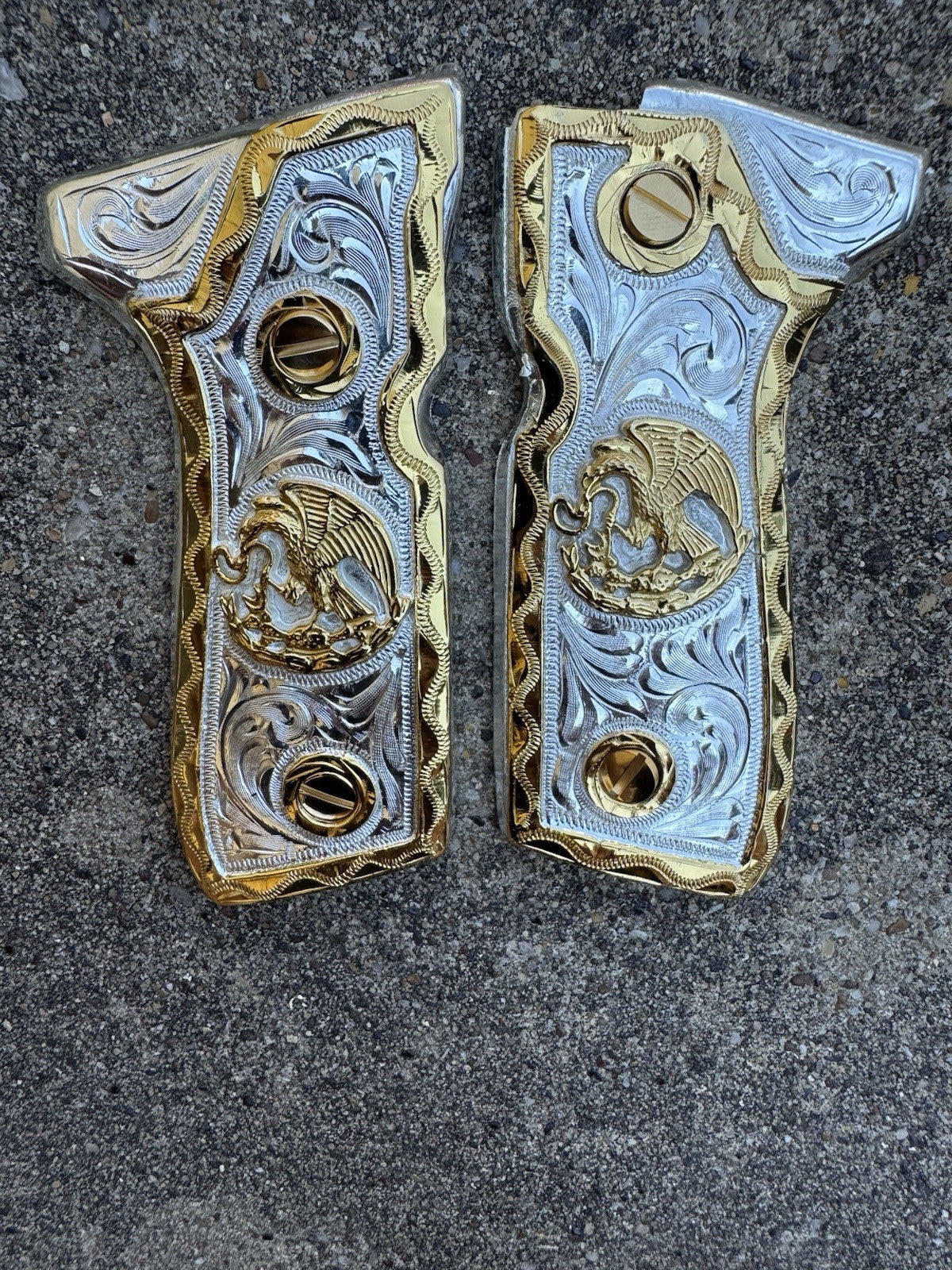 Beretta 92FS Cachas Mexican Eagle Gold Plated Pistol Custom Grips & Gold Screws