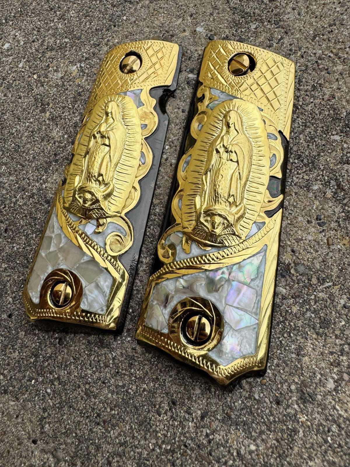 1911 45 38 Super Full Size Virgen De Guadalupe Gold Gun Grip Cachas & 24K Screws