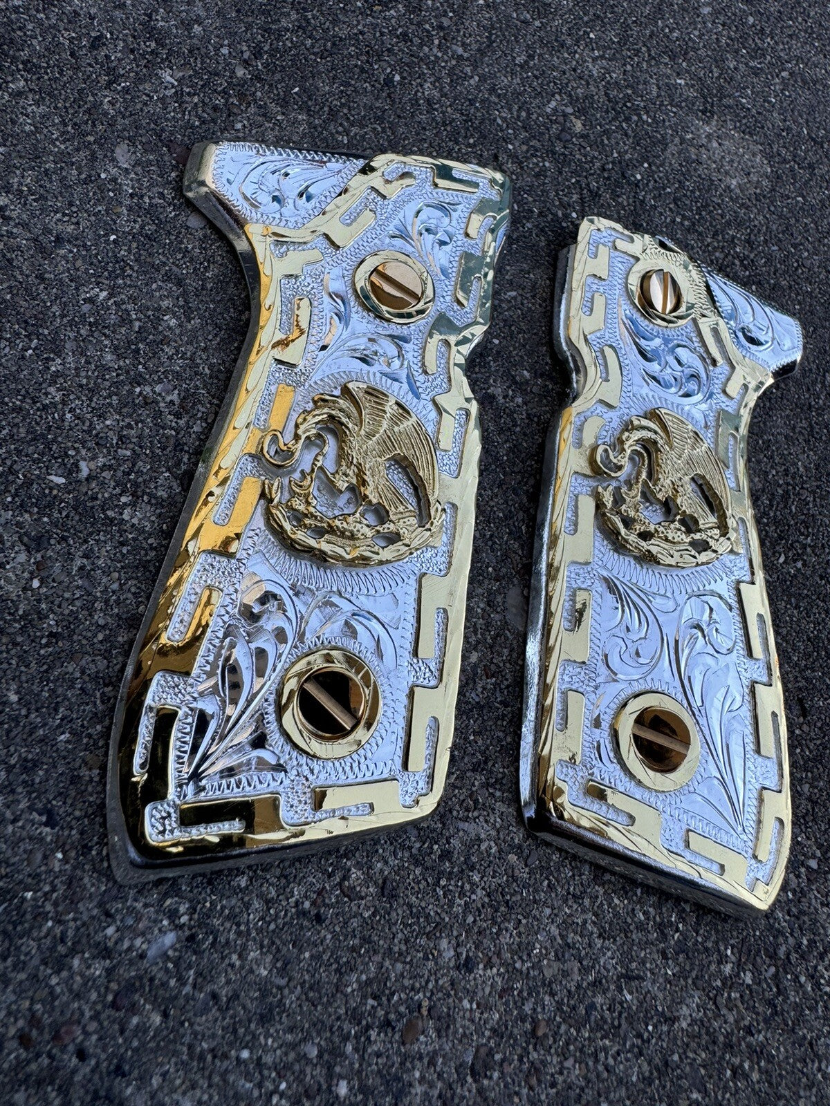 Beretta 92FS Cachas Mexican Aguila Gold Plated Pistol Custom Grips & Gold Screws