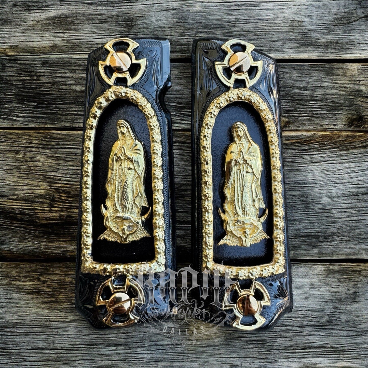 1911 45 38 Super Full Size Virgen De Guadalupe Gold Gun Grip Cachas & 24K Screws