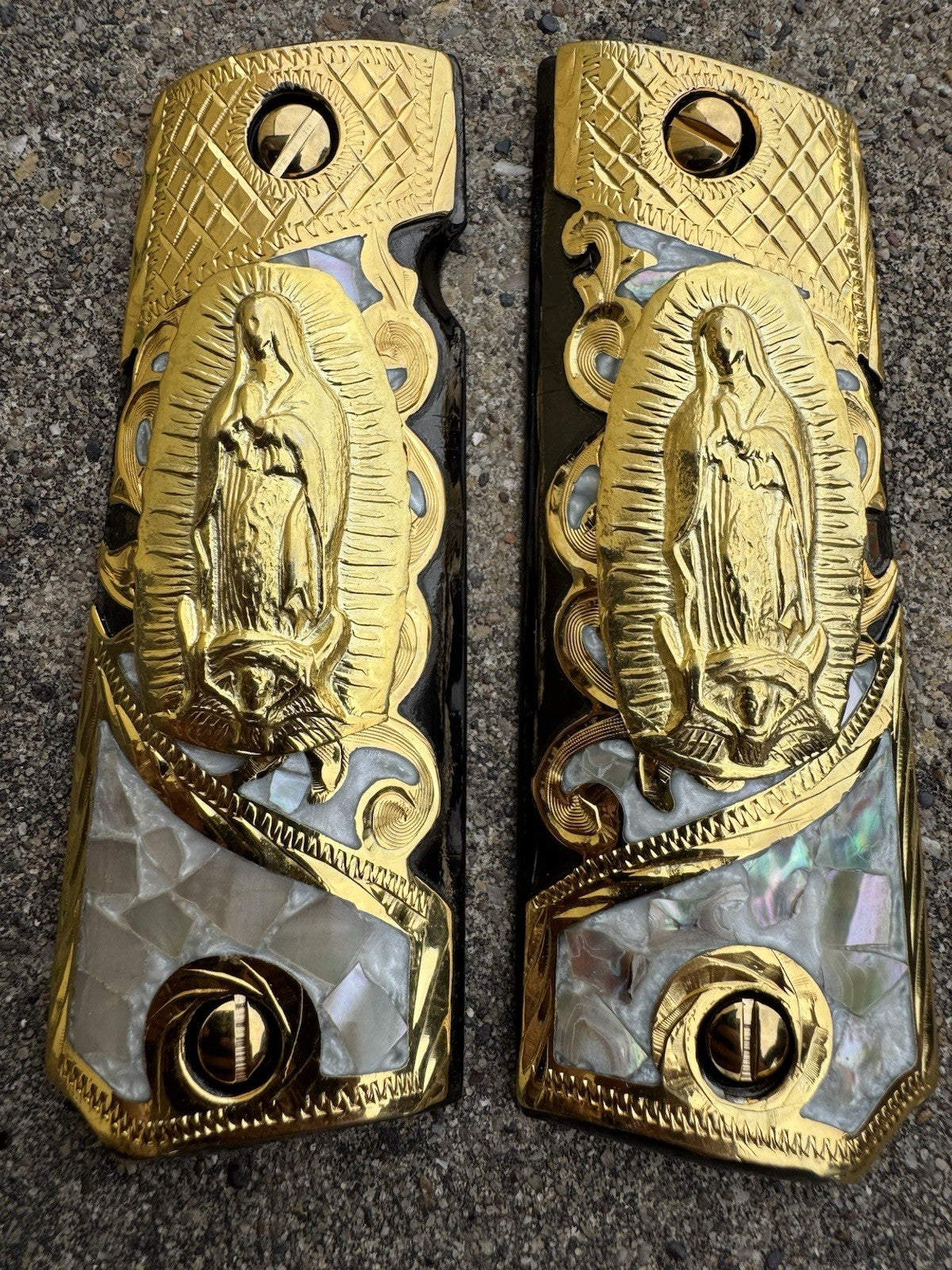 1911 45 38 Super Full Size Virgen De Guadalupe Gold Gun Grip Cachas & 24K Screws