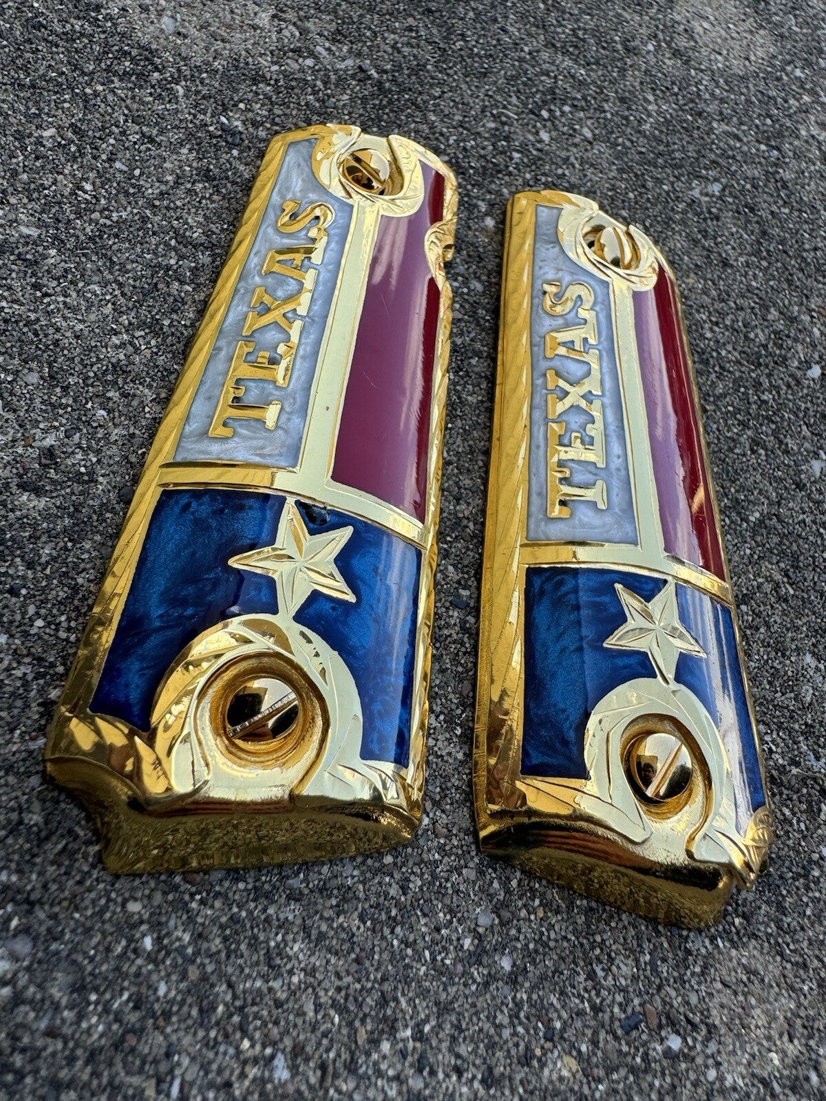 1911 45 38 Super Texas Flag Gun Pistol Grip Cachas Chapeado De Oro & 24K Screws