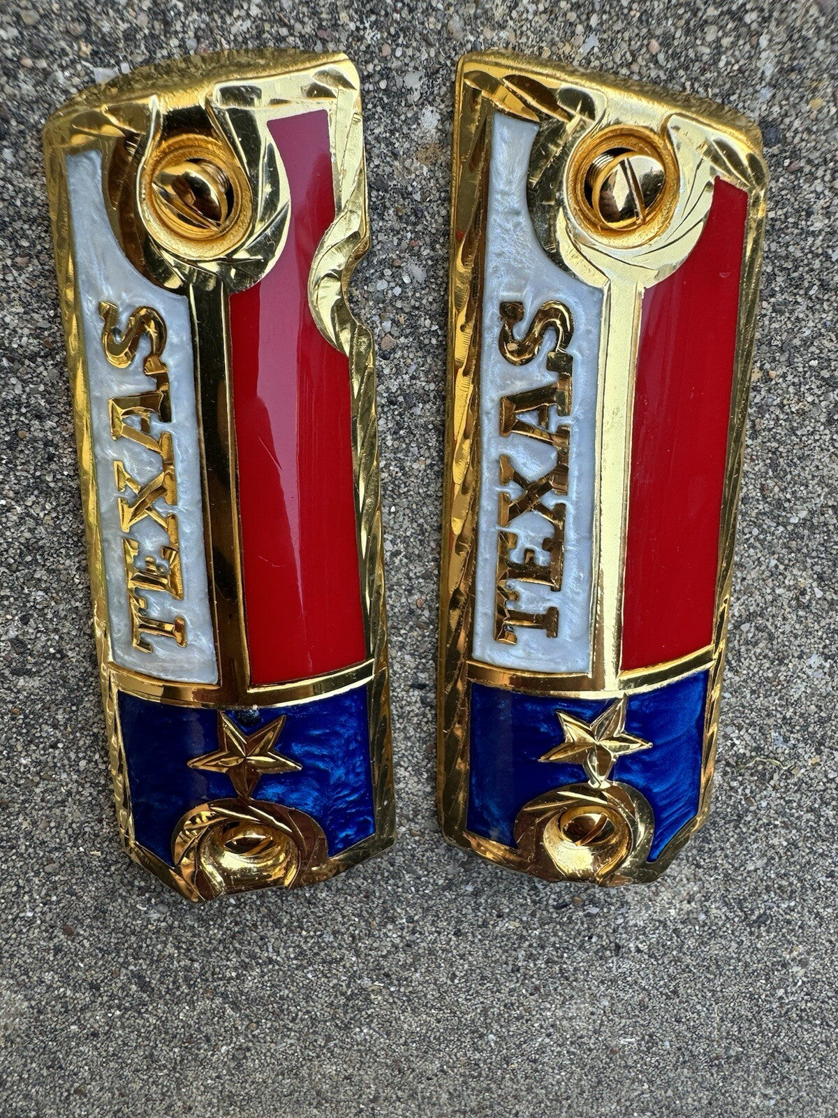 1911 45 38 Super Texas Flag Gun Pistol Grip Cachas Chapeado De Oro & 24K Screws