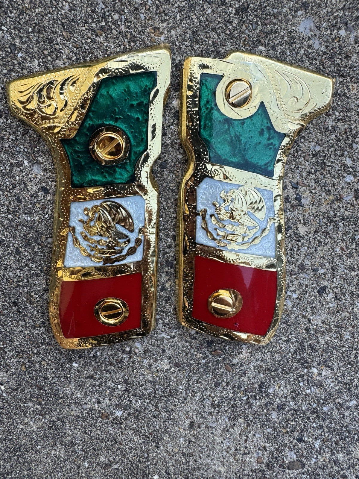Beretta 92FS Cachas Mexican Flag Gold Plated Pistol Custom Grips & Gold Screws
