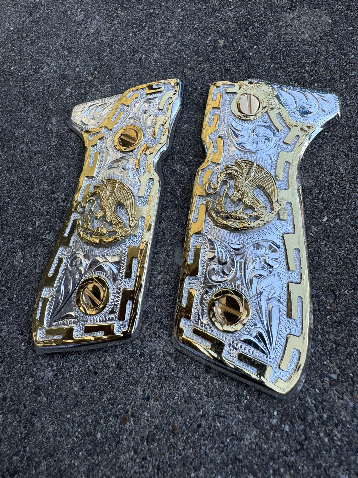 Beretta 92FS Cachas Mexican Aguila Gold Plated Pistol Custom Grips & Gold Screws
