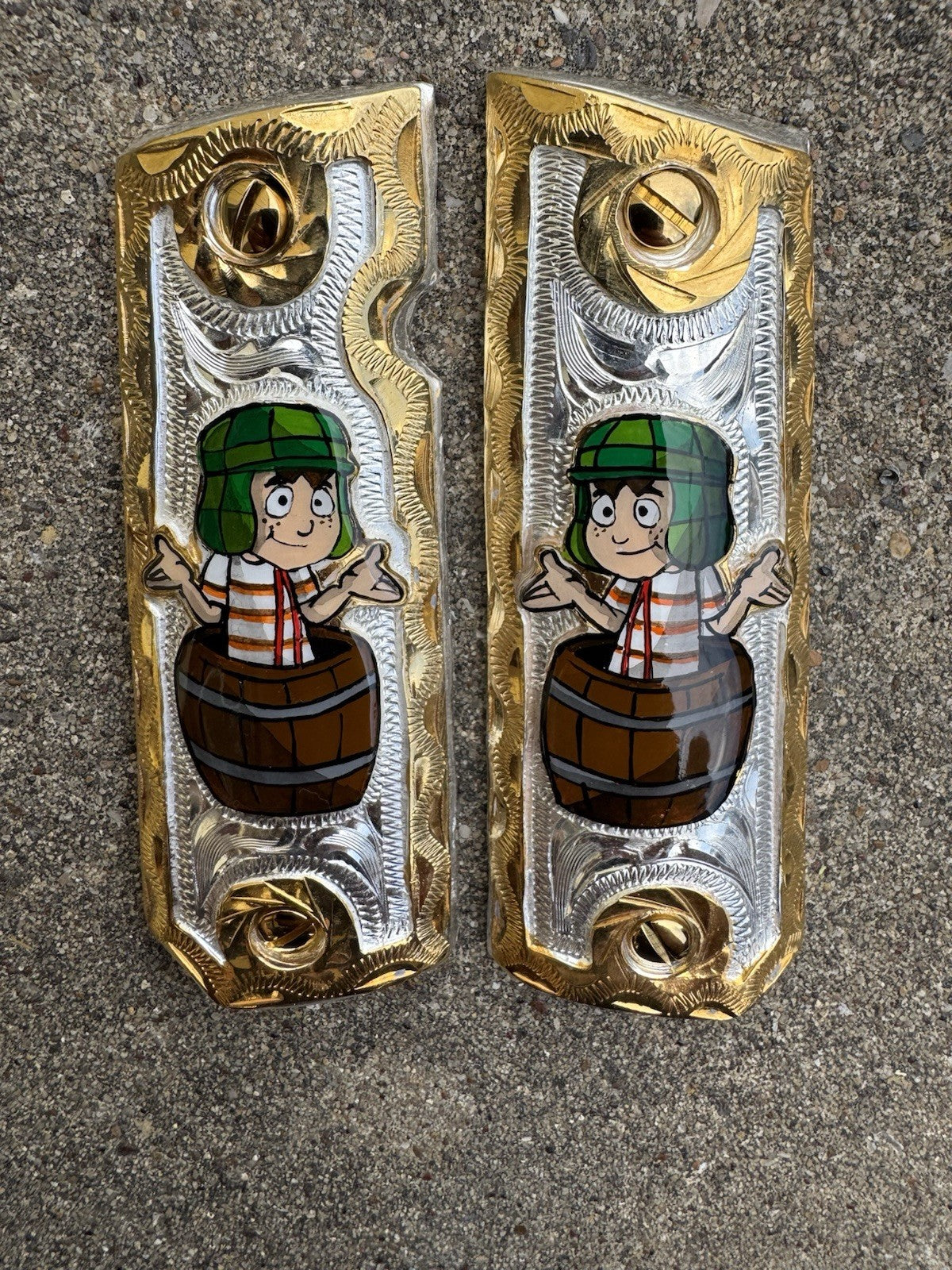 1911 45 38 Super Full Size El Chavo Gold Gun Pistol Grip Cachas & 24K Screws