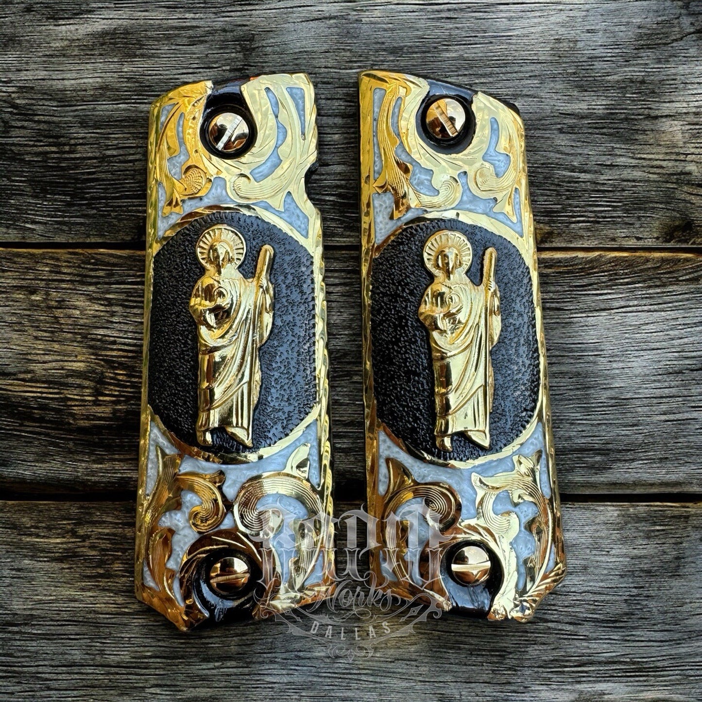 1911 45 38 Super San Judas Full Size Gold Gun Pistol Grip Cachas & 24K Screws