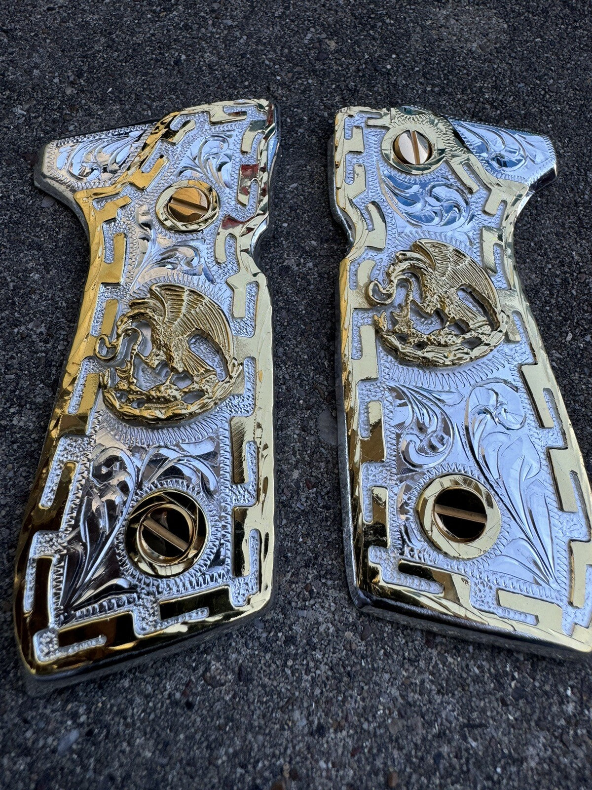 Beretta 92FS Cachas Mexican Aguila Gold Plated Pistol Custom Grips & Gold Screws