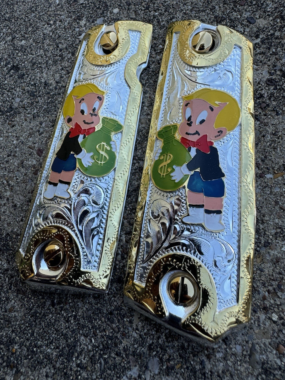 1911 45 38 Super Richie Rich Full Size Gold Gun Pistol Grip Cachas & 24K Screws