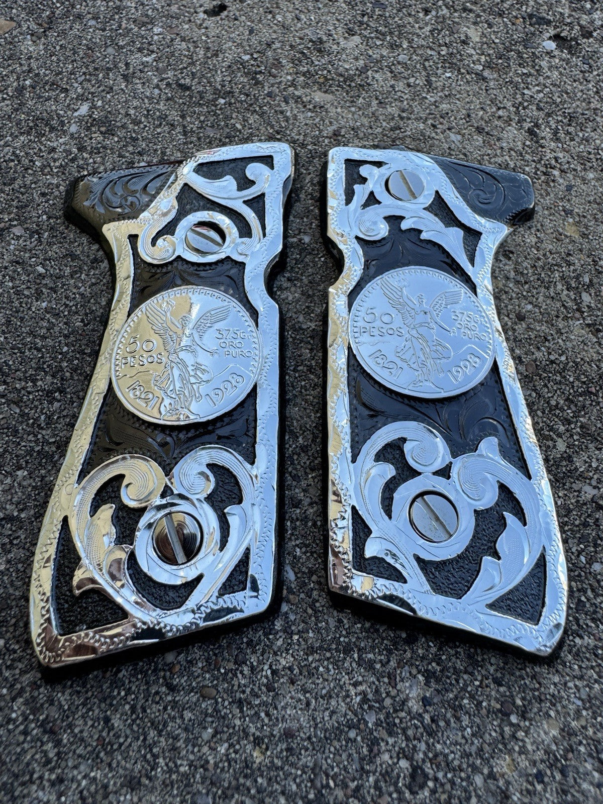 Beretta 92FS Cachas Centenario Silver Plated Pistol Custom Grips & Polish Screw