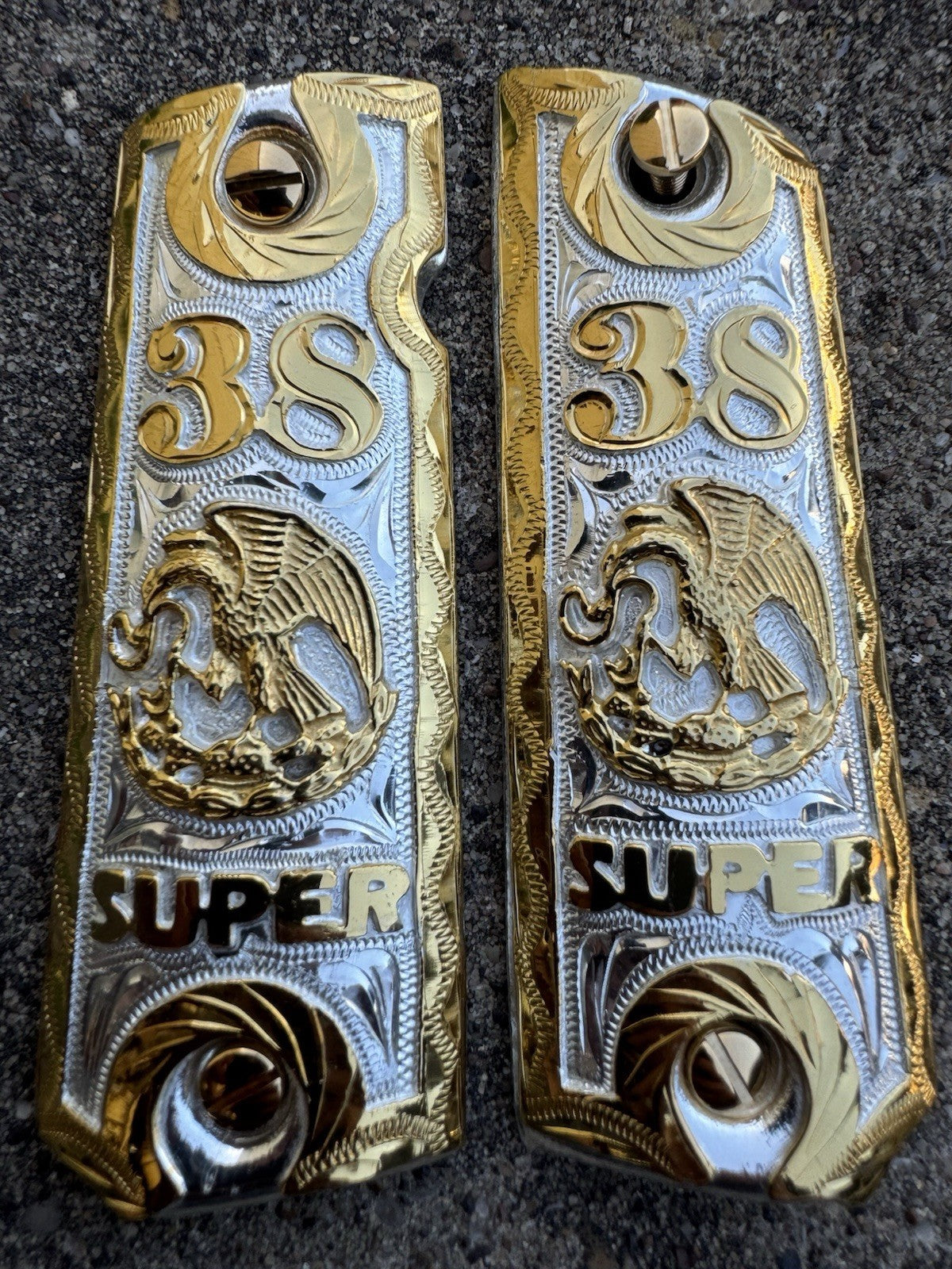 1911 45 38 Super Full Size Aguila Gold Gun Pistol Grip Cachas & 24K Screws