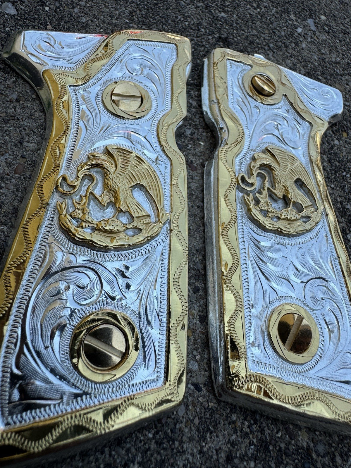 Beretta 92FS Cachas Mexican Eagle Gold Plated Pistol Custom Grips & Gold Screws
