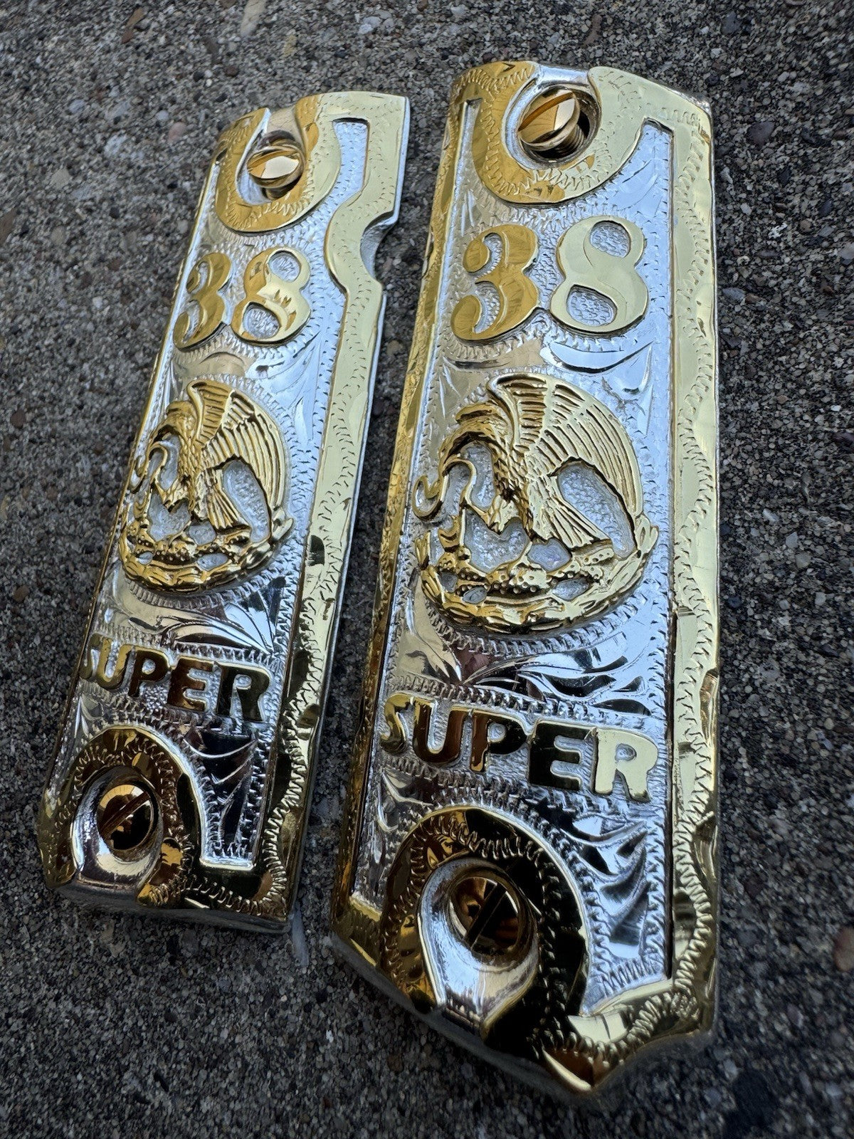 1911 45 38 Super Full Size Aguila Gold Gun Pistol Grip Cachas & 24K Screws
