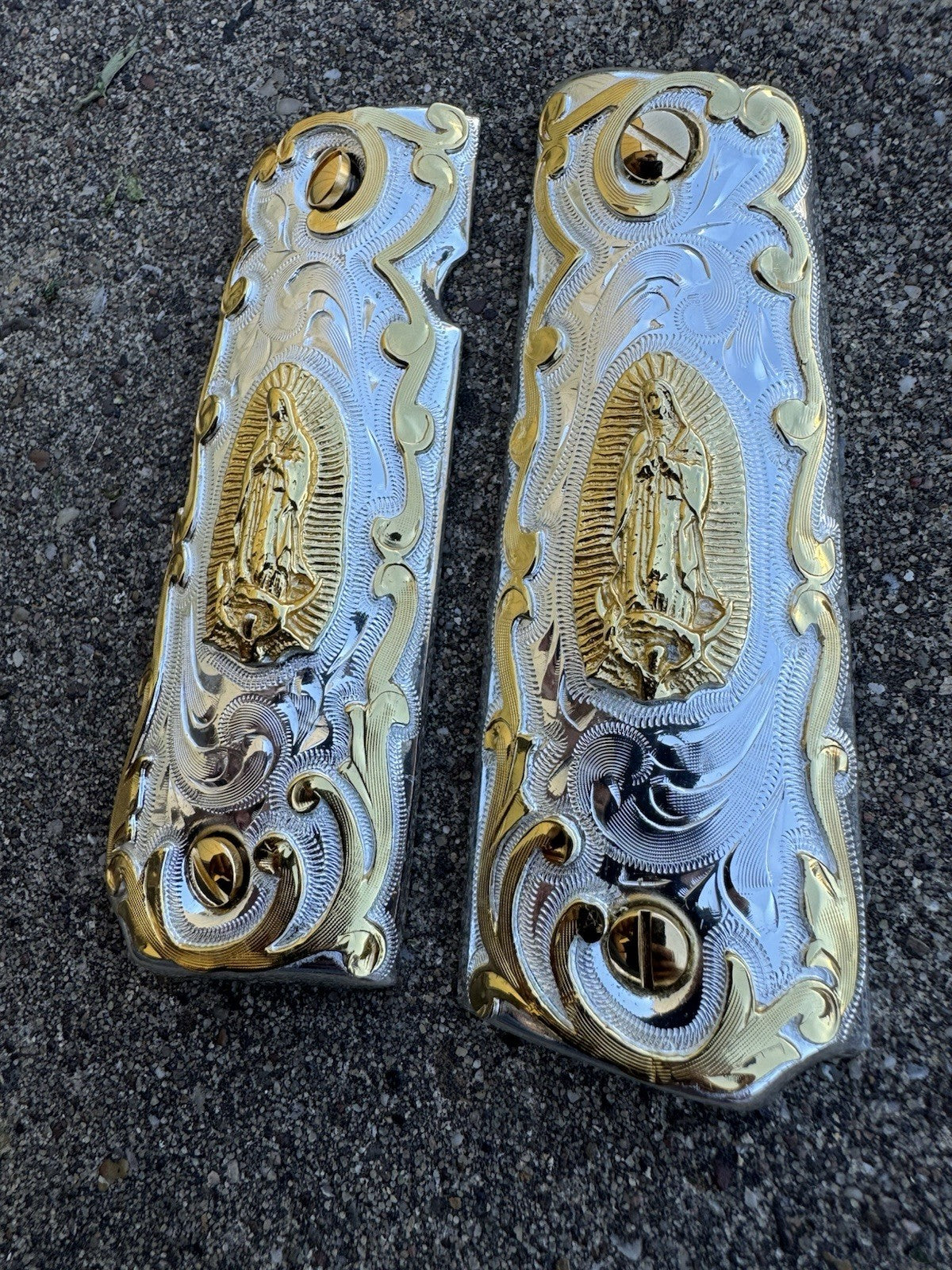 1911 45 38 Super Full Size Virgen De Guadalupe Gold Pistol Grip Cachas & Screws