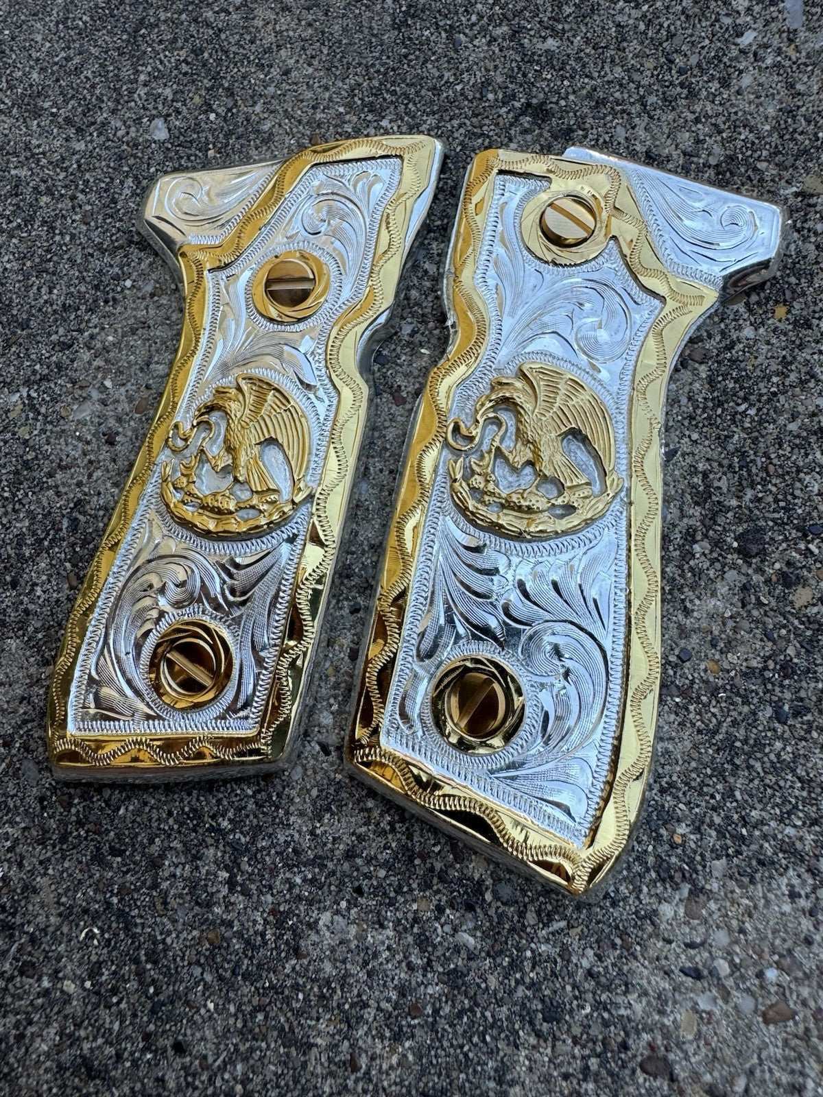 Beretta 92FS Cachas Mexican Eagle Gold Plated Pistol Custom Grips & Gold Screws