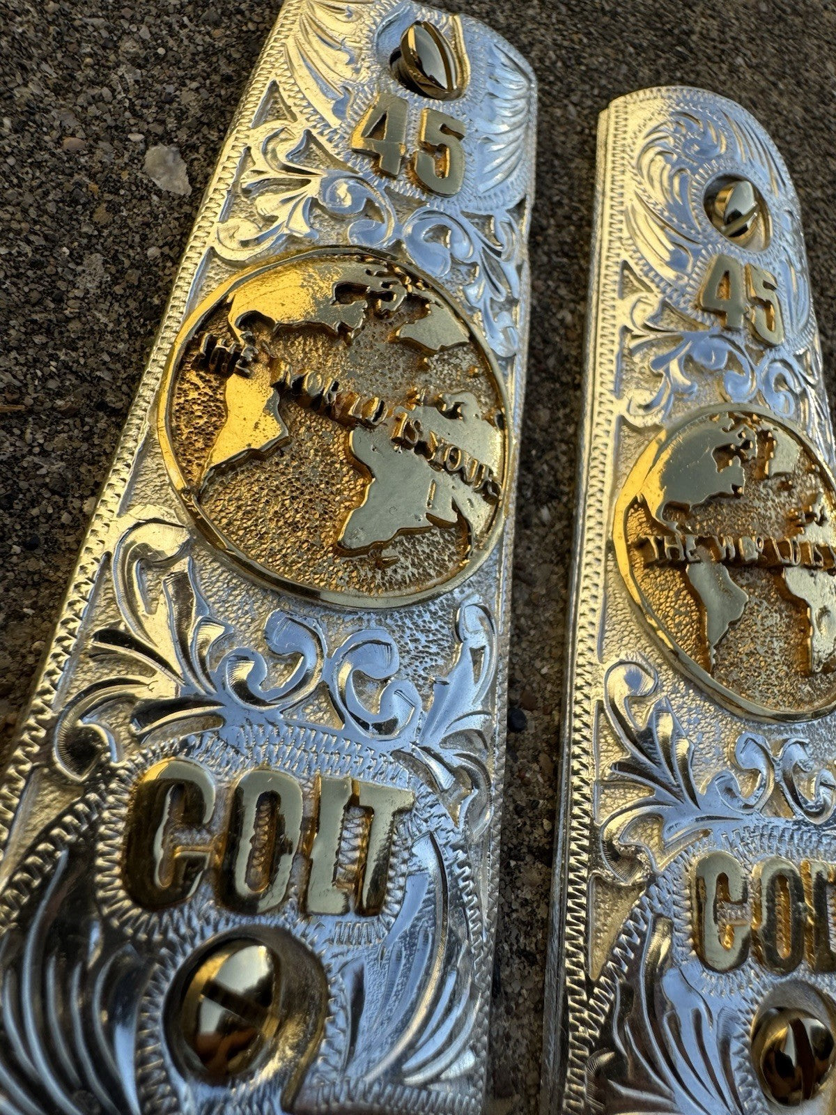 1911 45 38 Super Full Size World Is Yours Gold Gun Pistol Grip Cachas & 24KScrew