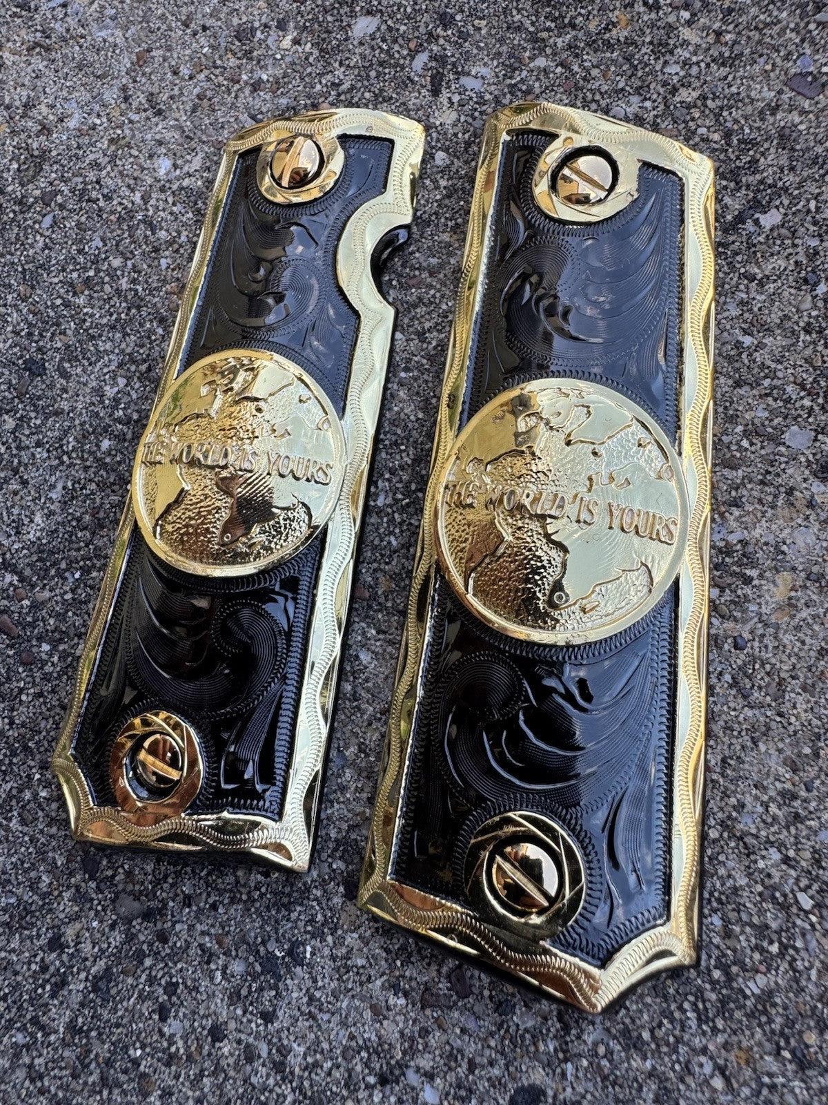 1911 45 38 Super Full Size World Is Yours Gold Gun Pistol Grip Cachas &24K Screw