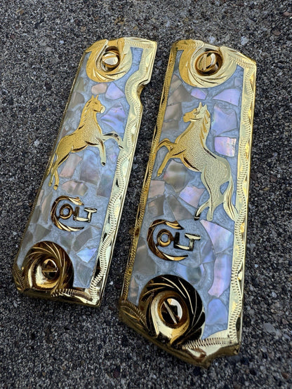 1911 45 38 Super Full Size Colt Horse Gold Gun Pistol Grip Cachas & 24K Screws