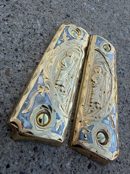 1911 45 38 Super Full Size San Judas Gold Gun Pistol Grip Cachas & 24K Screws