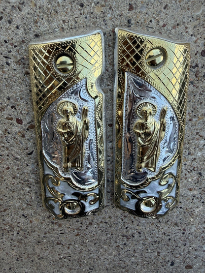 1911 45 38 Super Full Size San Judas Gold Gun Pistol Grip Cachas & 24K Screws