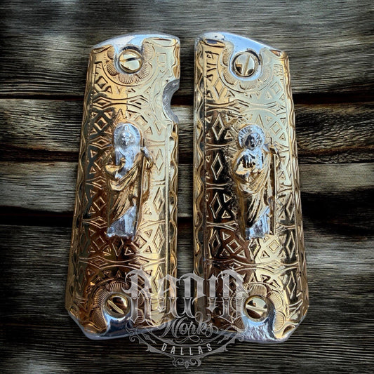 1911 45 38 Super Full Size San Judas Gold Gun Pistol Grip Cachas & 24K Screws