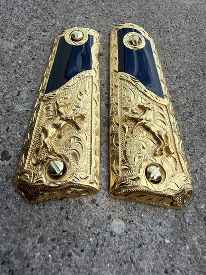 1911 45 38 Super Full Size Horse Gold Gun Pistol Grip Cachas & 24K Screws