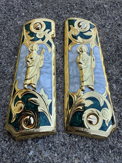 1911 45 38 Super San Judas Full Size Gold Gun Pistol Grip Cachas & 24K Screws