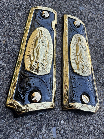 1911 45 38 Super Full Size Virgen De Guadalupe Gold Gun Grip Cachas & 24K Screws